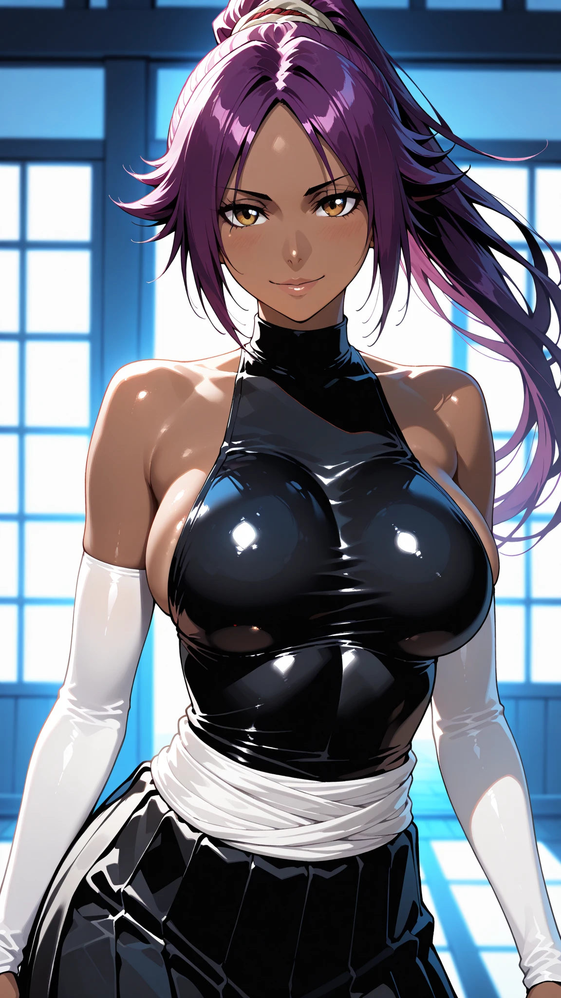 Suko Kusanagi, Purple colored hair, red eyes,Wearing a transparent black bodysuit，anime style beautiful woman, lie on bed， (tmasterpiece, Best quality:1.2), cow boy shooting, Alone, 1 busty girl, Highest resolution，distinct_Image of a）Best quality， maam， tmasterpiece， The is very detailed， Semi-realistic， exposing her breasts， Inside the room， Modern bedroom， window， Get up， Morning， The face is red