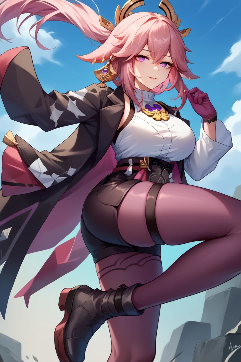 Mitsuri Kanroji, ultra detailed, solo, demon slayer uniform, smile, long sleeves, looking at viewer, japanese clothes, breasts, haori, cleavage, closed mouth, jacket, large breasts, open clothes, skirt, belt, black skirt, pleated skirt, thighhighs, green thighhighs, volumetric lighting, best quality, masterpiece, intricate details, sharp focus, hyper detailed, pink hair with greeb bottom hair, pink hair, greeb bottom hair, highest quality, high resolution.