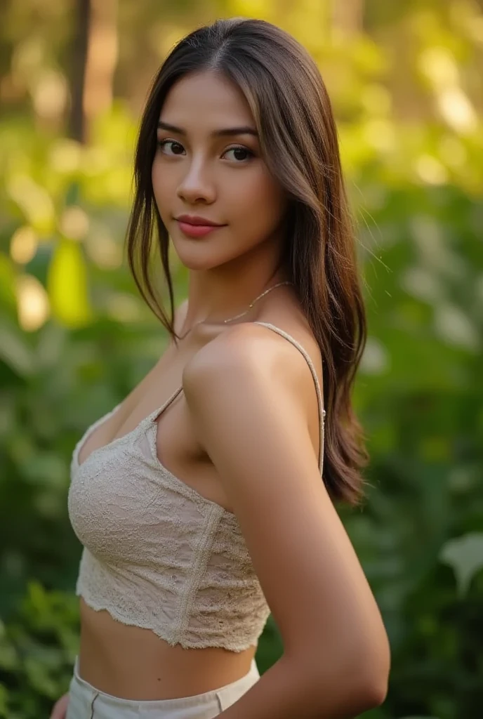 (Best quality, 8k, Masterpiece :1.3)), Sharp focus :1.2, Perfect body beauty: 1.4, Slim abs: 1.2, ((Long Dark brown hair, round breasts: 1.2)), (realistic light, natural lighting: 1.1 ), highly detailed facial and skin textures, detailed eyes, double eyelids, (((Dynamic Angle))), nsfw, 8K raw photo, Best quality, masterpiece, ultra high res, film grain, filmg, 1girl, looking at viewer, natural skin texture, realistic eye and face details, full lips, lipstick, (makeup), "Create a high-quality profile picture of a young Latina woman named Bella Rivera. She is 24 years old, with a softer, curvier build and a warm medium-tan complexion. Bella has an oval-shaped face with high cheekbones, almond-shaped dark brown eyes, and thick, well-groomed eyebrows with a natural arch. Her nose is straight with a slight elegant curve, and she has full lips with a natural pink hue. Bella has a bright, warm smile with subtle dimples, and a small beauty mark above her upper lip on the left side. Her long, wavy hair is deep brown with natural highlights.
In this photo, Bella is wearing a casual yet feminine outfit. She is dressed in a flowy, floral-patterned sundress that highlights her curves and enhances her soft build. The dress has a light, pastel color palette and delicate details such as ruffles or lace. She accessorizes with simple, elegant jewelry like small hoop earrings, a delicate necklace, and a couple of bracelets. Her makeup is natural, with a focus on her bright smile and expressive eyes.
Bella should be standing or sitting in a relaxed and comfortable pose, perhaps holding a cup of coffee or a bouquet of flowers, to enhance the casual and feminine vibe. The background should be a softly blurred outdoor setting, like a park or garden, with natural light highlighting her features and outfit." black pantyhose,