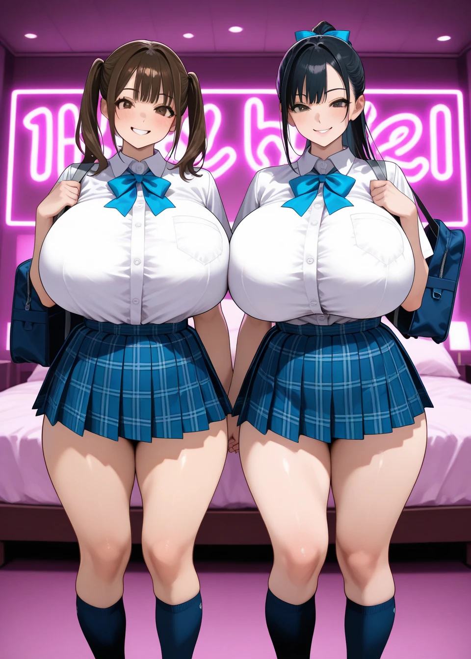 A Cute Girl, with (Lush, Long Brunette Hair), (Big Beautiful Blue Eyes), ((4.7 feet tall)), (Incredibly Curvy, Absurdly Too Busty, and Ultra-plump Figure), as well as (the Absolute most Ridiculously Over-exaggeratedly Gigantic Breasts ever seen in the entire universe), Big Cleavage, in a modern house, overly Large Thighs, Unrealistically Huge ,