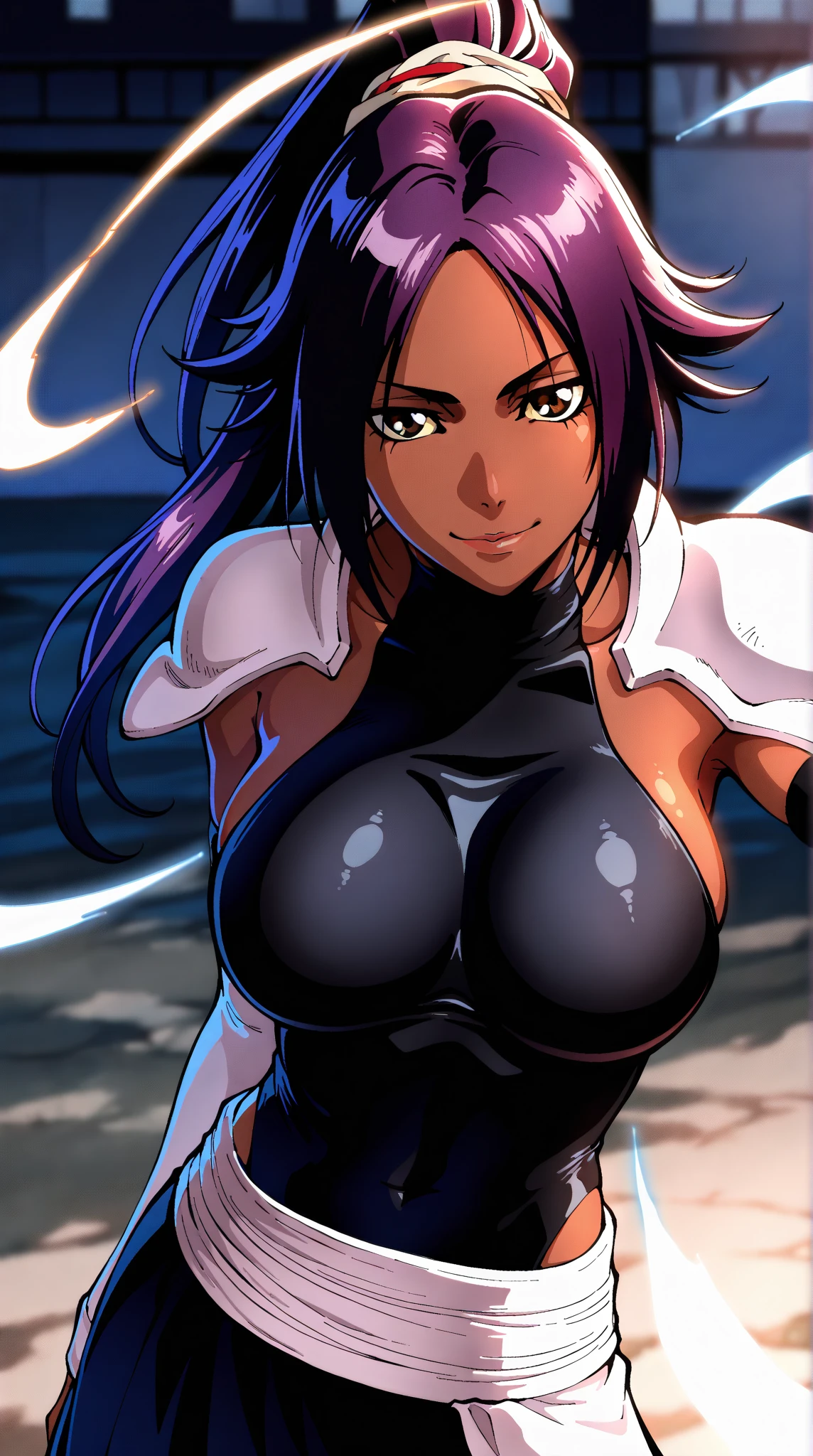 Long Hair,Purple Hair,ponytail, (Hair on one eye:0.8), (Dark Skinned female:1.2), (Dark Skin:1.1),Big Breasts,sweater,Shiny skin,Erotic Smile,Purple Lip