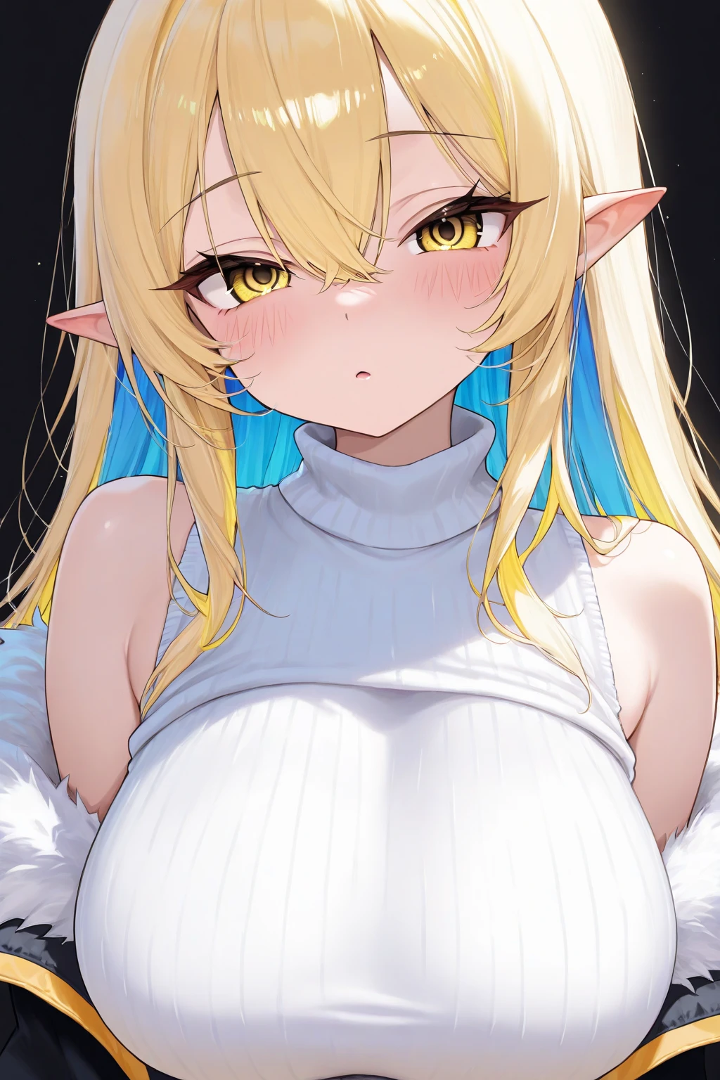 Girl, short blonde hair cut at the bottom,gigantic breast, blue eyes, red cheeks, pointed elf ears, a gold collar around the neck, tiny micro bikini, big breasts, a gold bracelet on both shoulders, soft and sexy white skin,