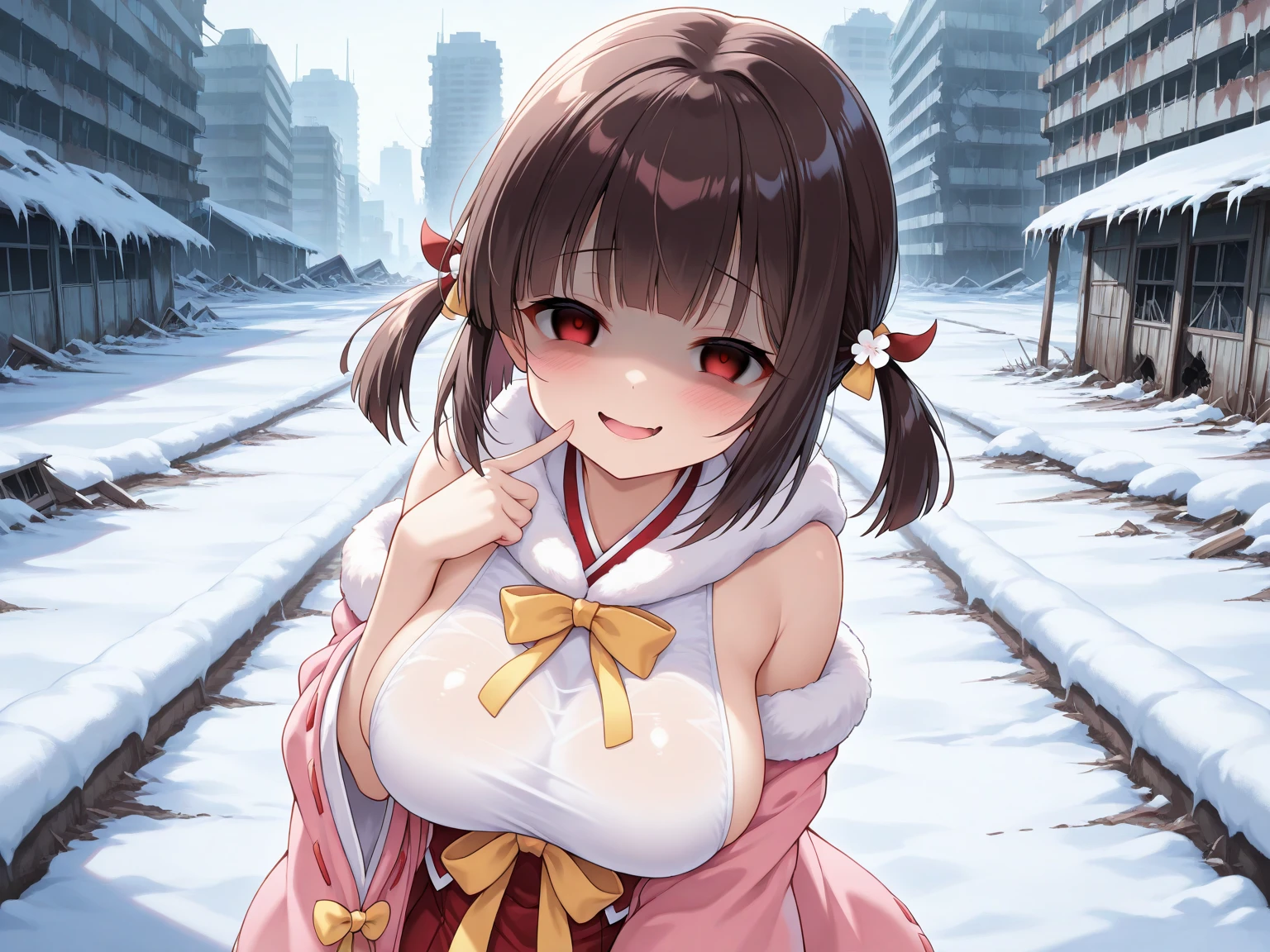 .(nude, naked, 1girl, solo, ,large breasts ) ,yunyun, crown braid, hair ornament, hair bow, brown hair, red eyes, nipple, flooding、Abandoned amusement park、fire、heavy snowfall、frozen、 file, crying ,flooding、abandoned hospital、fire、heavy snowfall、frozen、 、whole body