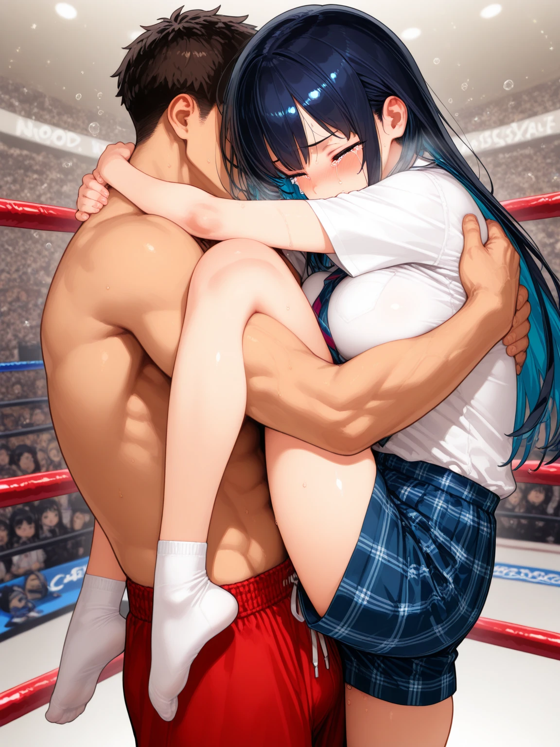 (1 boy, 1 girl), a teenage school girl in mixed bondage wrestling with a teenage boy, they are roughly the same age, the school girl is wearing a red pleaded careered skirt and a black pullover, the girl has a is a bit smaller than the boy, the girl has shoulder long hair, the boy is wearing casual clothes, teenage boy hogtied and struggling against the ropes, school girl applying more ropes to the teenage boys body, blushing boy dominated and controlled by the girl, the girl is smiling and laughing and tries to humiliate the teenage boy, the teenage boy is blushing and ashamed and is gritting his teeth, he desperately tries to break free but to no avail, the girl is sitting on top of the teenage boy to prevent him from moving and has ropes in her hands and uses them to tie up the arms of the teenage boy behind his back,the arms of the teenage boy are completely tied behind his back in lots of ropes, the teenage boy looks very embarrased and ashamed, the girl is saying „this must be embarrassing for you“ , huge struggle, many viewers watching, wrestling ring,intricate rope work, teenage boy blushing and ashamed, dramatic lighting, highly detailed, photorealistic, 8k, masterpiece, teenage school girl vs teenage school boy, femdom, power, control, beautiful teenage girl, detailed faces, teenage boy aggresively tied up by teenage girl, lots of rope, perfect eyes, detailed faces
