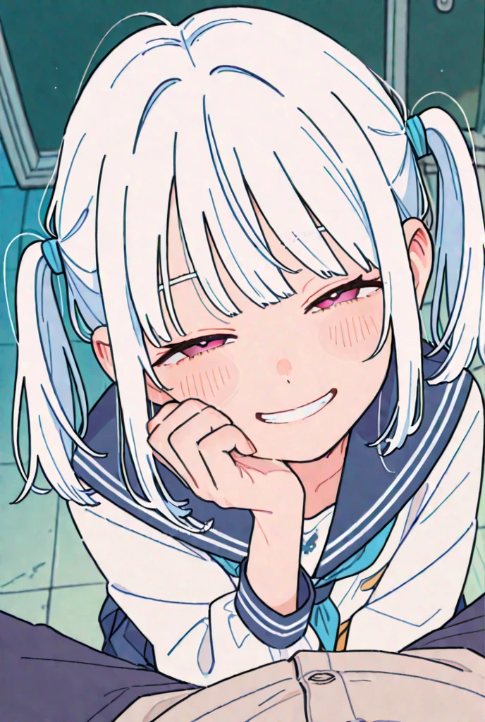 , confidently smiling with half-closed eyes. A Japanese high school girl with characteristic white twin tails, An animated girl gazing playfully at the viewer from an elevated perspective, with a mischievous grin, 背中には日本の伝統的な高校のランドセルを背負っている. 画風は柔らかなパステル調の漫画で、線はクリーン, 繊細な陰影, そしてレトロなスライス・オブ・ライフな美的感覚, 現代の80年代または90年代の少女漫画に似ている. 背景は明るくミニマル,ショット