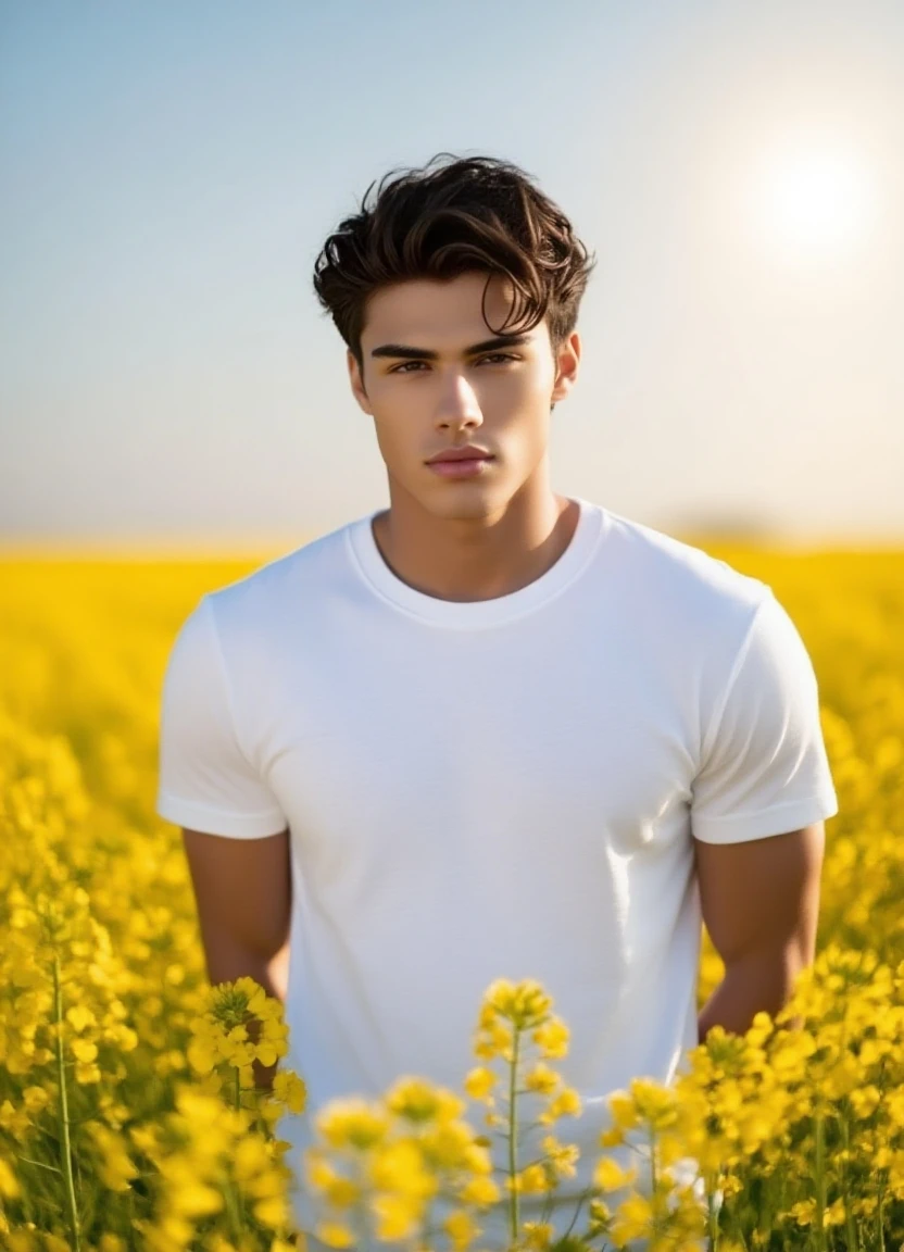 Young handsome cute beautiful skinny white face without shirt con un jirasol en un campo de girasol