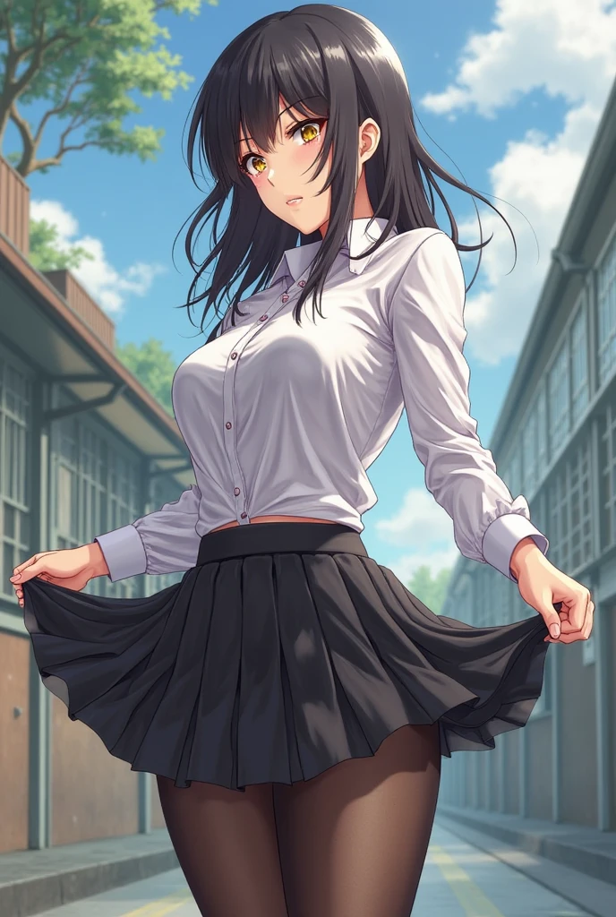 20 years old,1 mature woman,hyperrealistic, 8k, (extremely detailed 8k), (very delicate and beautiful), (masterpiece), (better quality:1.0), (ultra high resolution:1.0), (masterpiece, best quality),cute,black hair,ponytail,full body,white background,realistic skin,collared shirt, pleated skirt,model posing