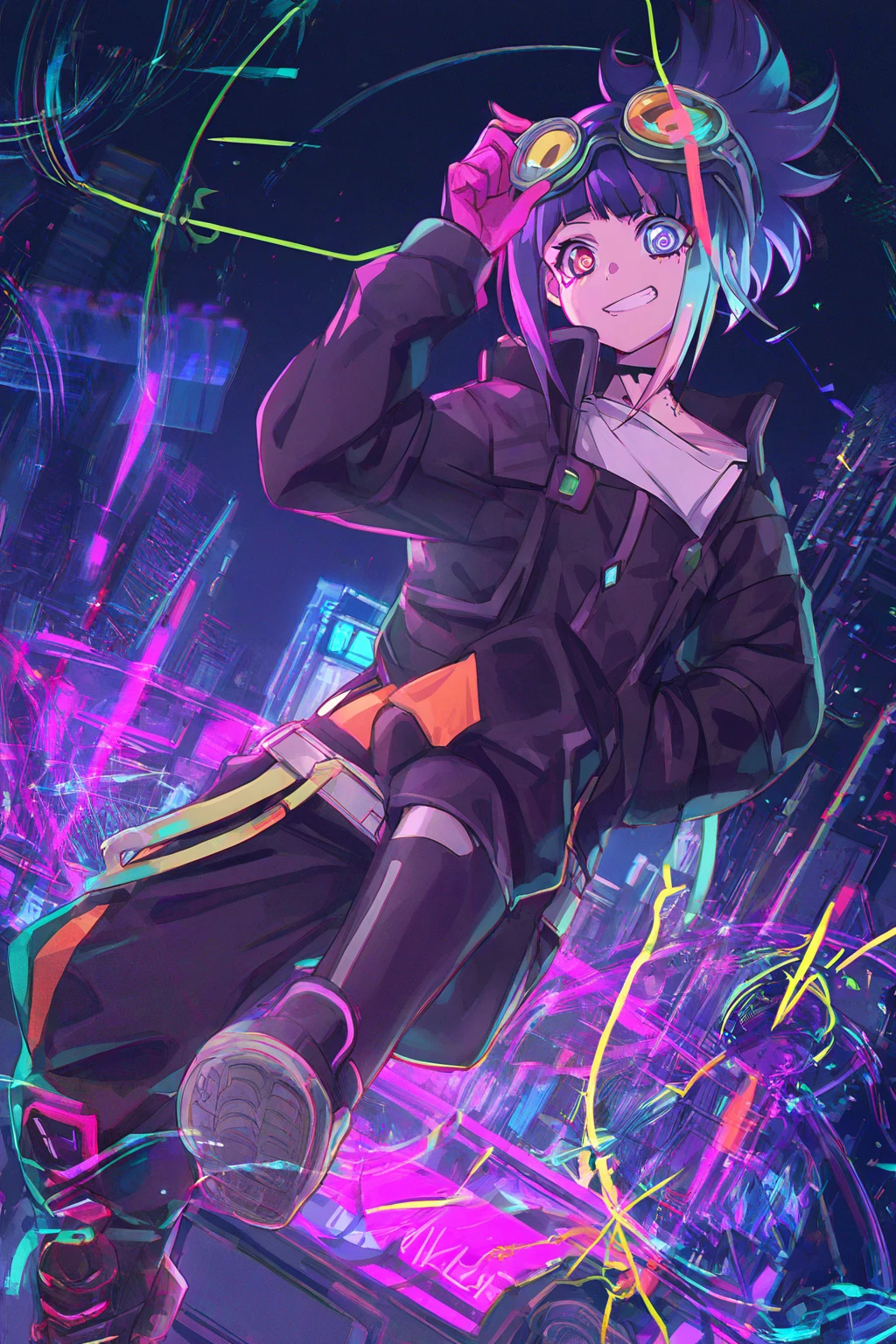 Girl with blue hair and angel wings in a dark room, Anime atmosphere, Digital Cyberpunk - Anime Art, anime cyberpunk art, Digital Cyberpunk Anime Art, Cyberpunk Anime Girl, Nightcore, female Cyberpunk Anime Girl, rossdraws cartoon vibrant, Holy Cyborg Necromancer Girl, Neon and dark, Cyberpunk Anime Girl in hoodie, Devil Anime Girl, Cyberpunk art style