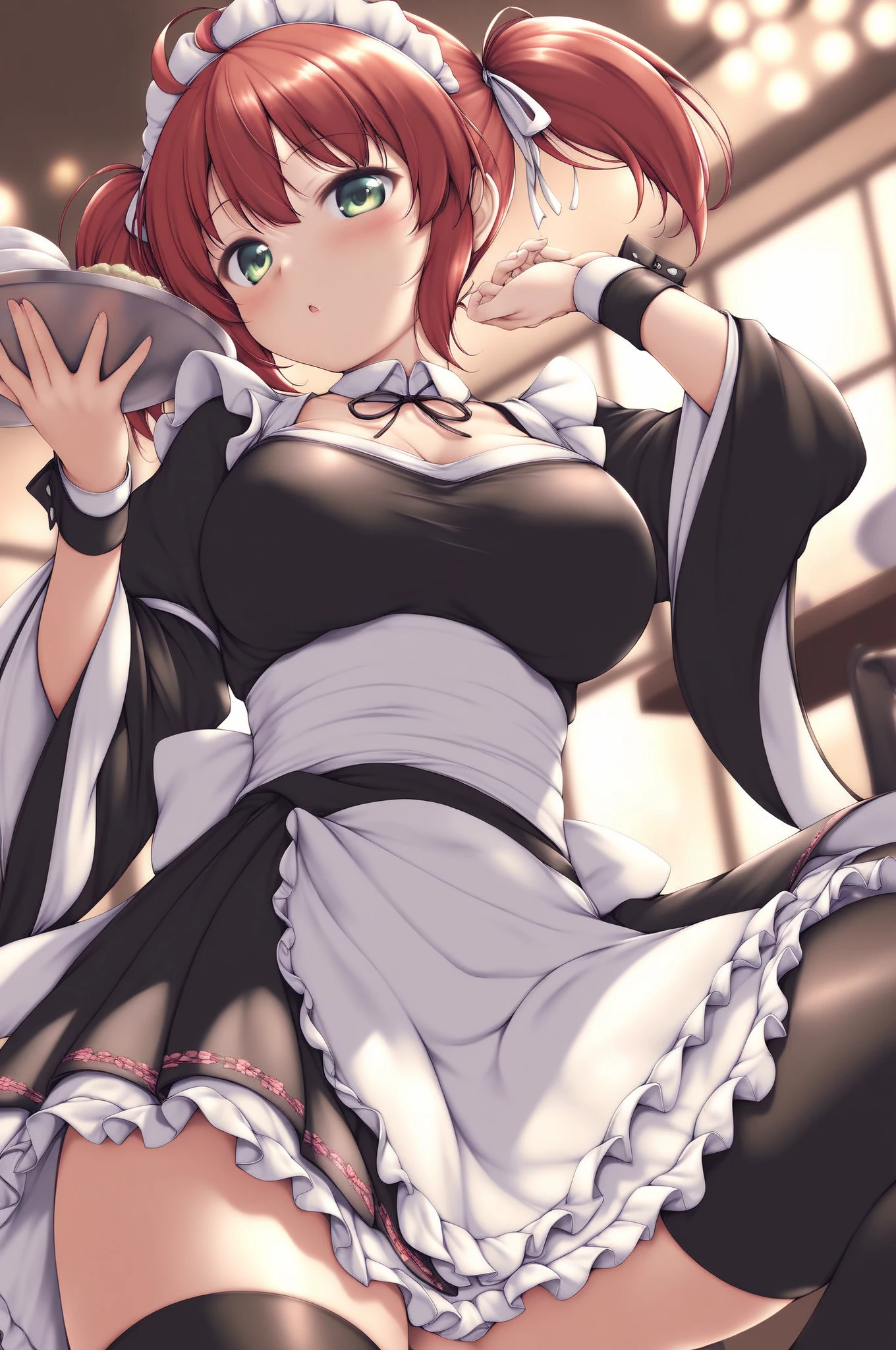 solo,1girl(big breast)(masterpiece, best quality:1.2),Ellen Joe,Zenless Zone Zero,alternate costume ,maid, shark tail, (shark girl:0.5), short hair,black hair,red eyes, tail, pantyhose,multicolored hair, black footwear, short sleeves, apron, wrist cuffs, maidheaddress, stockings, nyantchaellen joe, black hair, red hair,colored inner hair, multicolored hair, (red eyes:1.3), red hair, short hair, two-tone hair,apron, black pantyhose, black shirt, ear piercing,