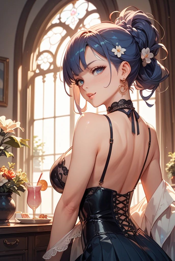 top-quality、Top image quality、​masterpiece、girl with((18year old、Best Bust、Medium bust、Bust 85,Beautiful blue eyes、Breasts wide open,Black Short Sleeve T-Shirt、White see-through、Black short skirt、Ponytail with black hair、Smile Face、Beautiful blue earrings、A slender、Blue hair mesh、sparking eyes,sit a chair、Rear view,Emphasis on the buttocks)）hiquality、Beautiful Art、Background with((Red and blue lighting、Stylish restaurant at night、Stylish table、White Wine Bottle、White Wine Glasses)),masutepiece、Elaborate design、visualart、depth of fields、The best lighting、highestdetailed、8ｋ