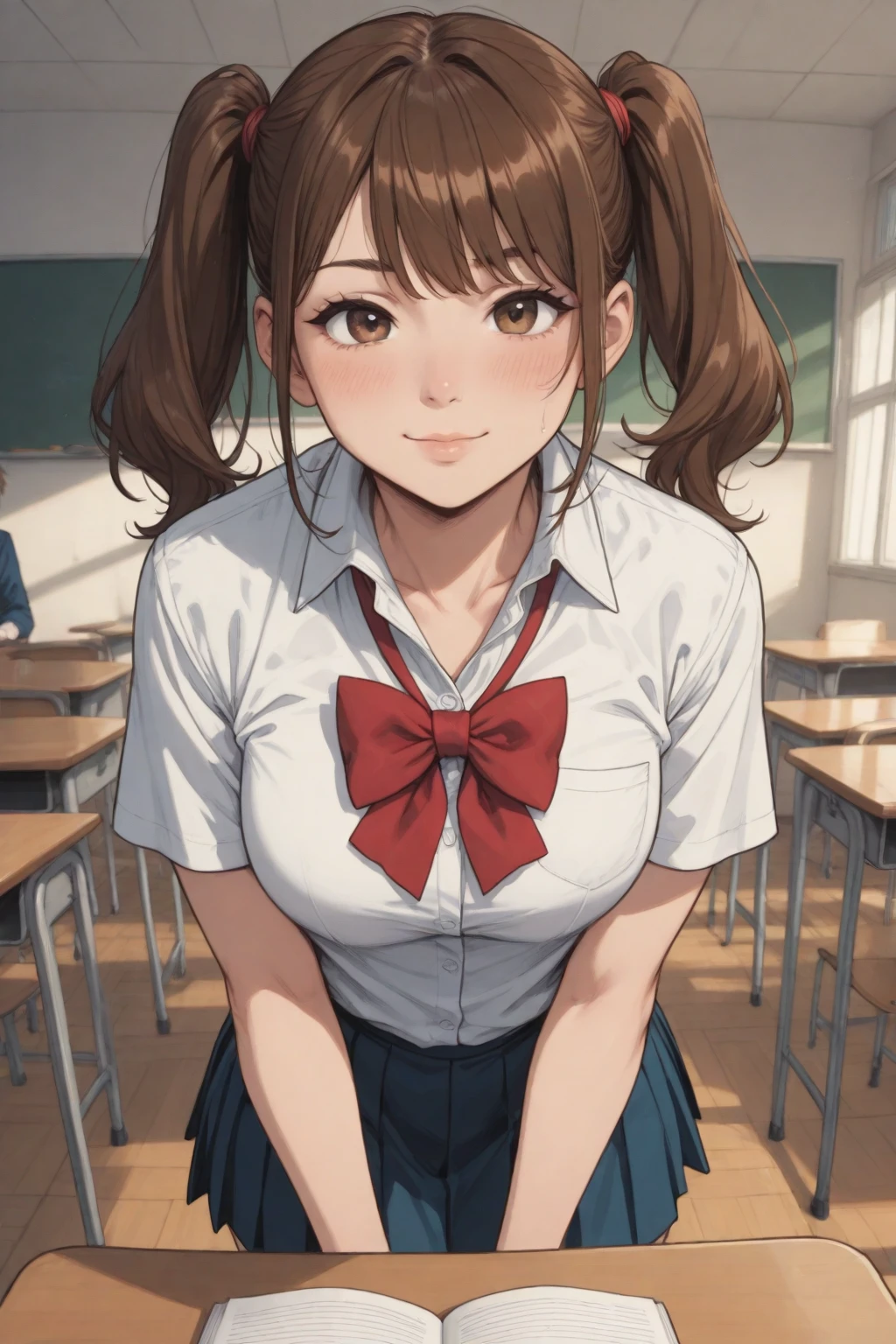 high school student、Women、School classroom、(Big Breasts)、smirk、curvy、(1 girl)、from below