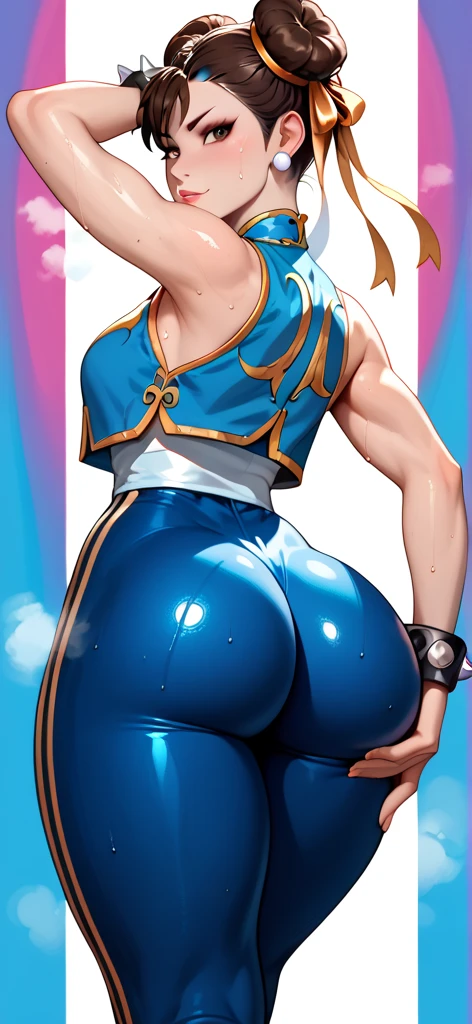 Tatsumaki, makeup, pink eyeshadow, red lipstick, green hair, Sailor Mercury hair, hair curls, short hair, mini skirt, beautiful, (masterpiece:1.2), (best quality:1.2), perfect eyes, perfect face, perfect lighting, 1girl, cropped legs, curvy, Sailor Mercury outfit, exposed midriff, white croptop, Chest bow, Tiara, long gloves, White Thighhighs, choker, hand on breasts, hand on hip, huge breasts, smile, solo, thick thighs, Point of view from below, Can be seen under mini skirt, Exposed panties, showing panties and super tight thong