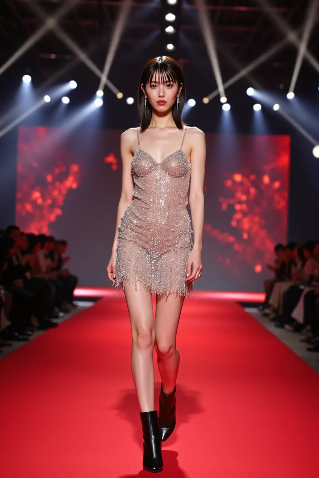 femele,18-20 years old,(digital model:Nanako Matsushima 1.8),(Thin bone face,s delicate face),com rosto detalhado,(Delicate Japanese makeup),Beautiful face,hyperdetailed face,Black colored eyes,(Look into the distance),Long hair micro-curls,(Windswept hair,Messy has layers),Flaming red lips,Fair smooth skin,(Best Skin Type:1.21),mediuml breasts,(Luxurious haute couture dresses,Pink dress,shift dresses,Flower headdress,Flower bracelet,choker necklace,high-heels),((Outdoor catwalk,Tokyo fashion show,Kansai Hanakui Grand Prize),(neonlight,The audience in the audience,The model behind him,Various lights),Stage performances),masterpiece1.3,((Hasselblad photograp)),(Vista view of the catwalk,Full body photo),(The picture is subtle and elegant),8K分辨率, physically-based renderingt,Dynamic Angle,Dynamic pose,Floating feeling,动态照明,Exquisite stage details,详细的脸,The picture is pure,perfect hand,Perfect posture,Ultra-fine makeup,Ultra-fine clothing material