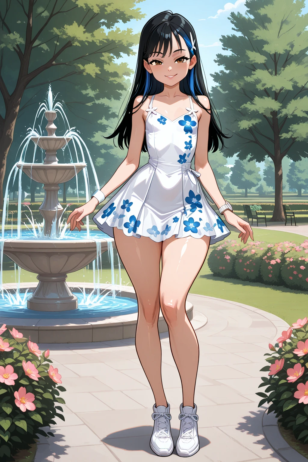 Masterpiece, top quality, Iori Fuyusaka 1, 1 girl, solo, (Venus bikini: 1.2), micro bikini, hair ornament, flowers, long hair, full body, gray hair, white flowers, gray eyes, viewer look, highly detailed urban background, (ulzzang-6500: 0.8), blush,