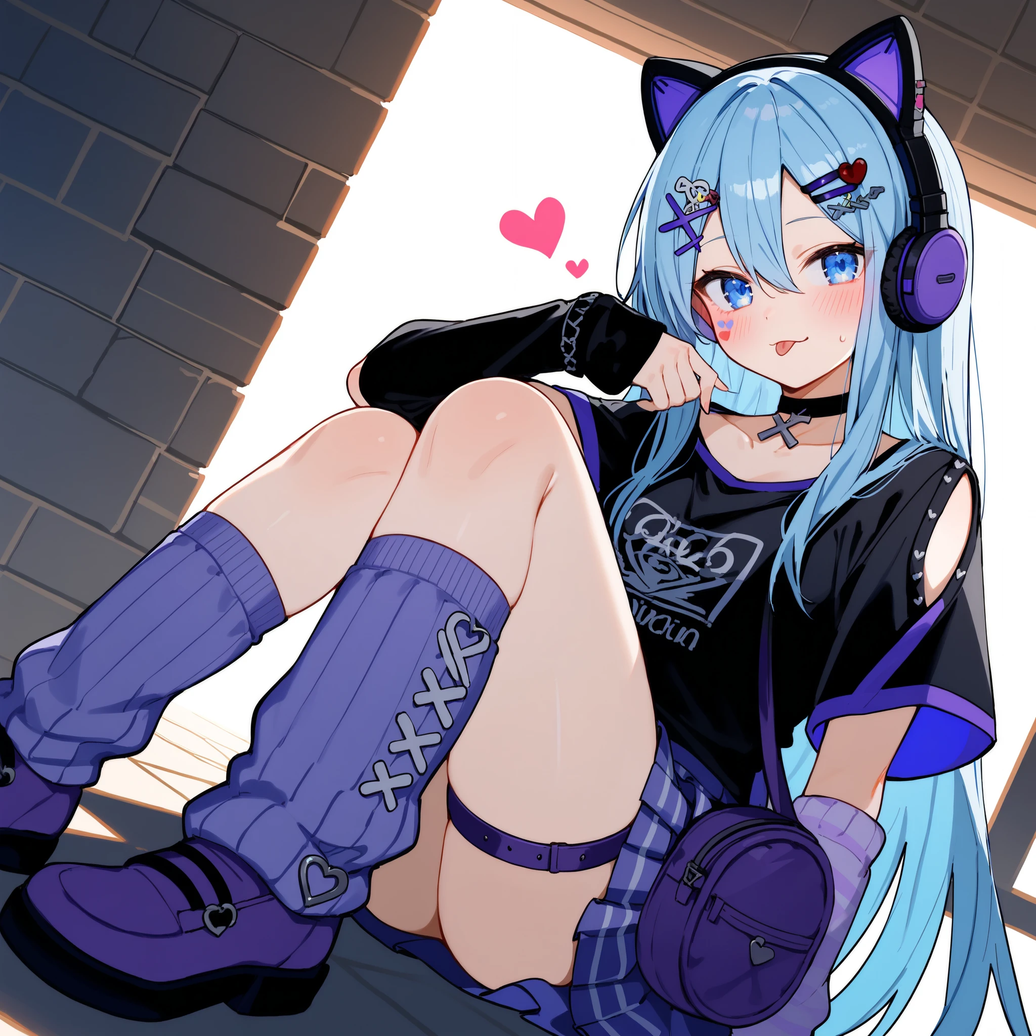 score_9,score_8_up,score_7_up,High Quality,hi-res,1girl,light_blush,

Play,long hair,straight hair,blue eyes,light blue hair,hair between eyes,side lock,small ,
Play-neko,cat ear headphones,headphones,skirt,shirt,black choker,hair ornament,choker,SHOULDER CUT,black shirt,Clothes cutouts,bag,Loose Socks,purple socks,thigh strap,arm warmers,hearts hair ornament,x hair ornament,purple footwear,leg warmers,cross lace legwear,short sleeve,Hair Clip,criss-cross knitted clothes,cross lace sleeve,purple skirt,pleated skirt,hearts,hearts facial mark,
watching viewers,squats, foot pose,Stick out your tongue,sunlight, Lin Sharan ,Brickwall, doodle,