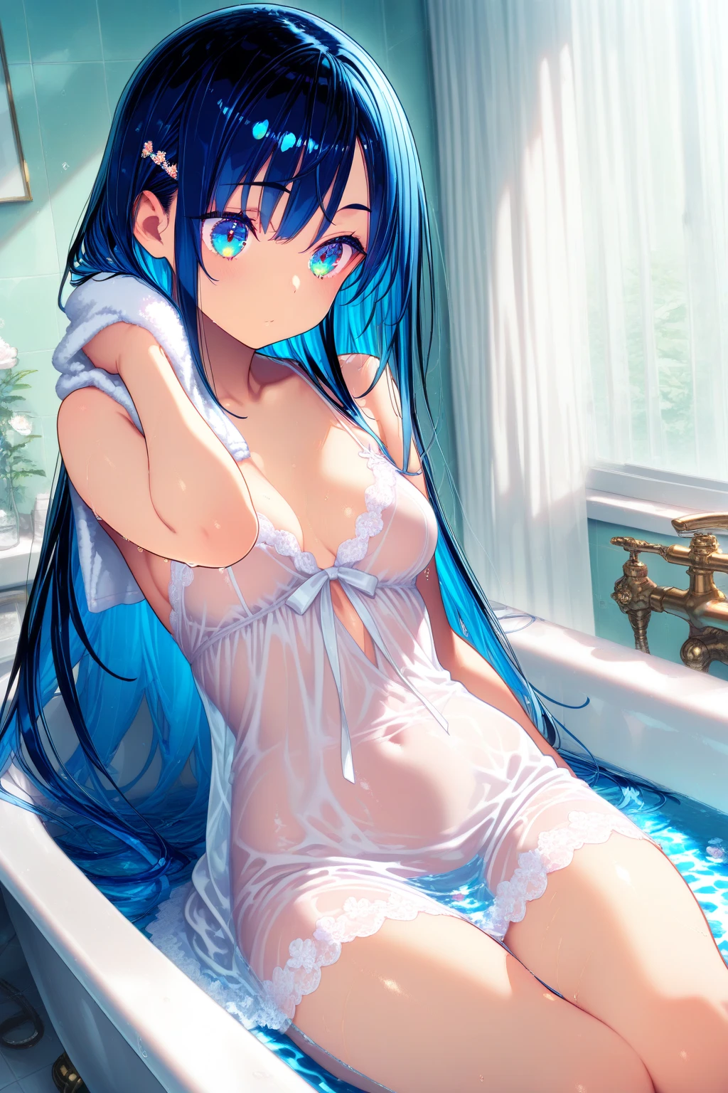 Miku Hatsune, add high definition_detail:1, blue fur, barefoot she only sees herself in her paws, legs open, White discharge drips on the floor., just focus on your feet, white spot underneath , 2 pairs of legs add_detail:1, sticky all over the body, white mucus all over the skin adds_detail:1