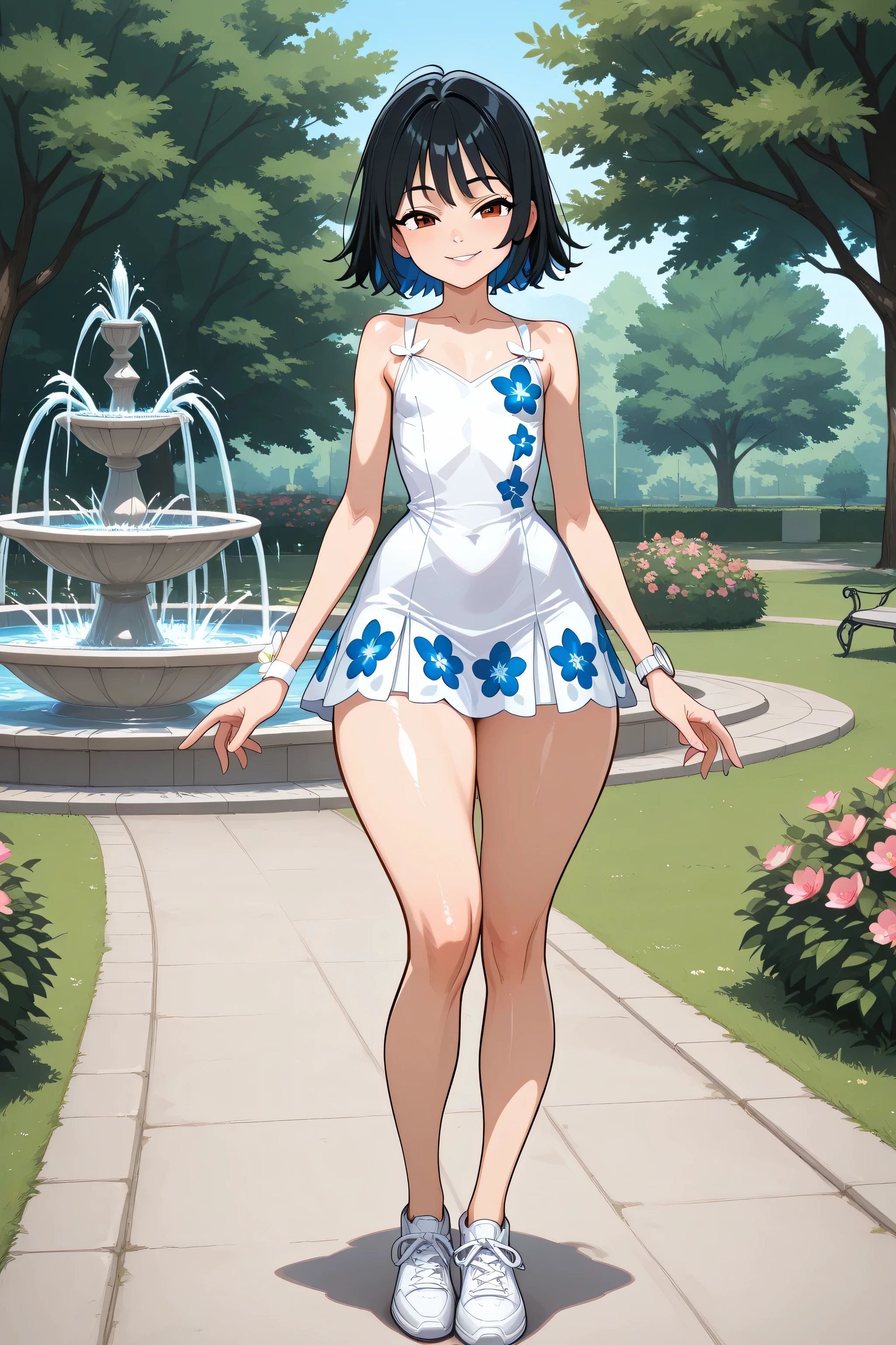  a 26 years old femboy, short black hair with blue streaks, brown eyes, small breasts almost flat chest, wearing a white short dress with floral patterns, white wrist watch and white shoes, curvy tall body, thick thighs, seductive smile, sexy pose. 8K ultra HD, high quality, 2d cartoon style, front view, full body,  bold black outlines, standing in a park with beautiful trees, flowers and fountain.