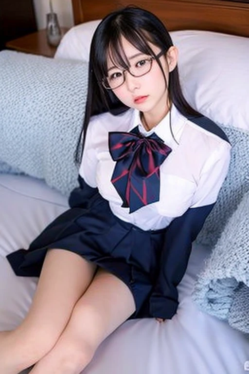 (((show off ))), (((show off spread-tread legs))), (((Showing cleavage))), Very detailed CG 統合 8k 壁紙, Very nice 8K CG wallpaper, (masterpiece, Highest quality), High resolution, Very detailed, Ultra Sharp, 1 girl,(((small, Saggy breasts:1.4))),A love hotel with a mysterious atmosphere,On the bed at the love hotel,  (((透けて肌が見える白のSailor suit:1.7))), (((Wearing black-rimmed glasses:1.5,Dark red ribbon))),(((Sailor suit))),(((belly button ))),  (((A white pleated mini skirt that shows skin through the fabric:1.7))),  (Beautiful Face, Cute Face, detailed aspects),  (((Beautiful eyes in every detail))), break, (((sunny))), (((Open your legs to show off your crotch,Camel Toe))),perfection Eyes Eyes,((perfection,Beautiful pussy depicted in detail:1.4)),((orgasm:1.2)),Ecstatic expression:1.1