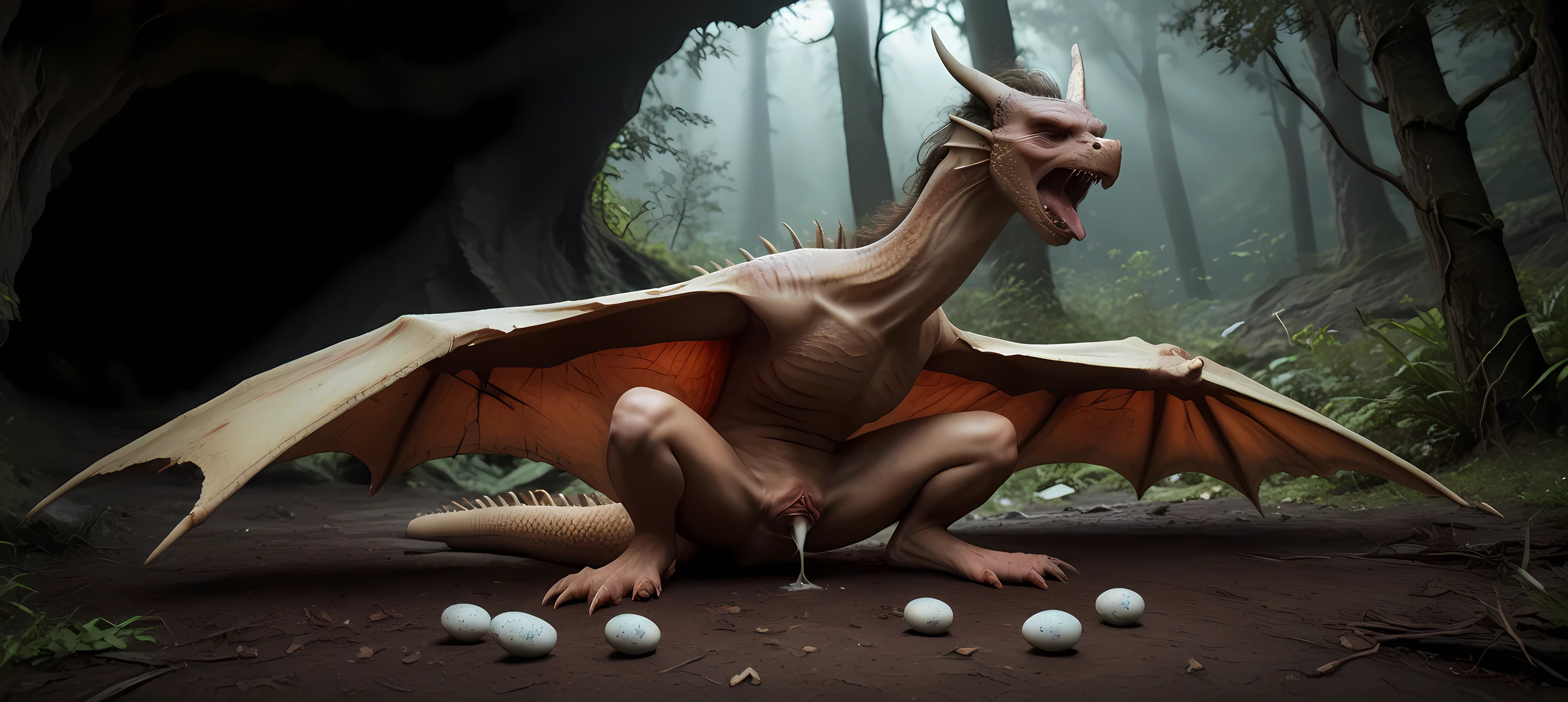 view from ground, low angle, head to ground, sitting on floor, cough:1.2, long body, long neck, [human head: snout:0.9],  hair:1.2, face, big toes, wings, fins, spikes, transformation, TF, human morfing into dragon:1.3, feral dragon, tail:1.2, claws, paws, big animal toes, [scales: human skin:0.9], human skin:1.2, gradual scales, ultra realistic ocean scales, shining, spotlight, tattered clothes, torn socs, torn coat, underwear, torn pants, scraps around, in pain:1.1, feared, screaming, hard breathing, shaking, wound, eggs from pussy:1.3, dripping pussy, egg, sperm, scars, scratched, nsfw, forest, night, lonely trail,  abandoned cave, cave, night, darkness,  Realistic, 4k, 8k, RAW, HDR, UHD, high resolution, hd, full colour, 4k, high definition, sharp focus, smooth, Professional, cinematic, extreme detail, description, masterpiece, best quality