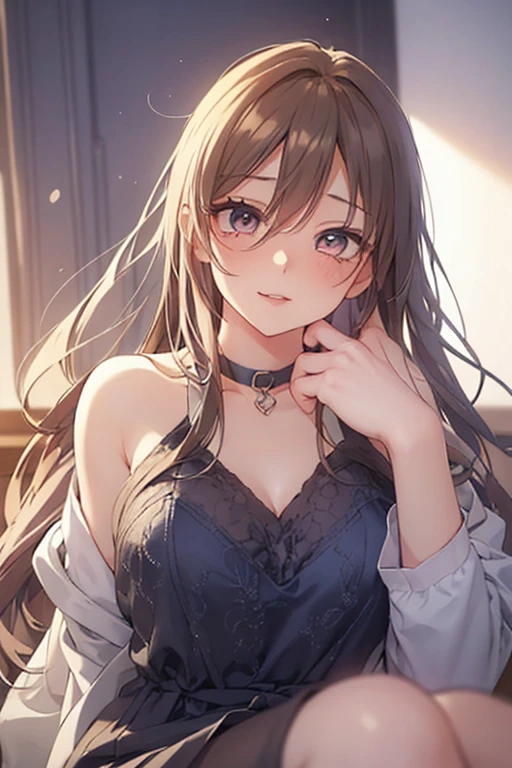 (best quality, top details, high quality, detailed, highest quality, 4k, 8k resolution, highres, ultra fine painting, masterpiece:1.2), digital art, 8k CG wallpaper, detailed background, absurd, epic lighting, RAW photo, POV shot, sharp focus, HDR, UHD, extreme detail description, amateur photography, good lighting, soft light, soft colors, looking at viewer, detailed lights and shadows, niji style, stylish, ultra, ultra-detailed, trending art, master crafted, blurry background, pose, (top quality, details, accessories:1.37), solo, 1 girl, A nervous girl, (medium breasts:1.2), tight bust, flushtered, nice hips, nice body, casual, innocent teen, (cute, slim, nervous face), brown hair, long flowing hair, twin buns hairstyle, long bangs, (long hair), middle hair bangs, brown eyes, full body, ((black string tanktop:1.2), off shoulder green open hoodie, shorts), one big red gem heart necklace, ((getting headpats from another hand:1.5), ((3 hands)), a hand on head, rubbing hair, headpats, (half lidded eyes), body tilting to the touch, , lean in to the touch, smiling:1.2)