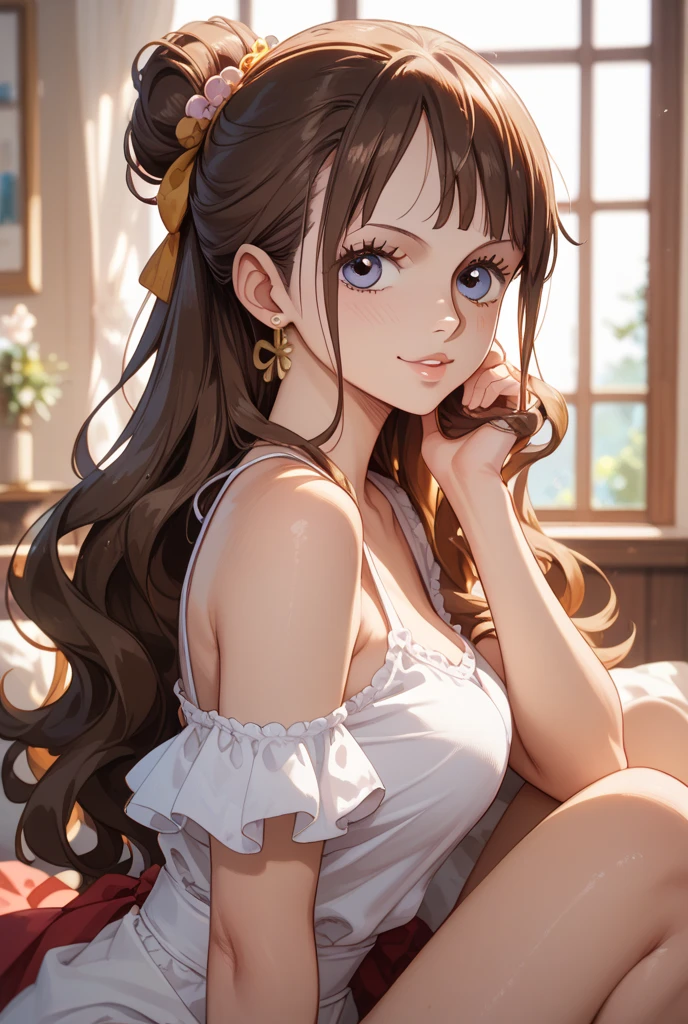 (Highest quality、8k、32K、masterpiece)、(Realistic)、(Photorealistic:1.2)、(High resolution)、Very detailed、Very beautiful face and eyes、1 person、Round and small face、Narrow waist、Delicate body、(Highest quality、Attention to detail、Rich skin detail)、(Highest quality、8k、Oil paints:1.2)、Very detailed、(Realistic、Realistic:1.37)、Bright colors、(((Curly Hair))), (((Long Hair))), (((Bust Shot)))、(((Small breasts)))、(((Even bangs)))、(((Pure white wall background)))、(((Pure white wall background)))、(((She has a happy expression)))、(((Strapless blouse))), (((Look straight ahead)))、(((The skirt is short)))、