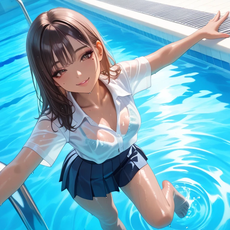 ((Highest quality)), ((High resolution)), ((masterpiece)), ((detailed)), (From below:1.1), One cute girl, 18-year-old, Beautiful Face, Beautiful details, Beautiful Hair, Black Hair, Beautiful clavicle, Beautiful body, Beautiful armpits, 美しいThighs, (Thighs:0.8), Beautiful legs, (naked), (Shiny body:1.2), ((Painting on the body)), Sweat, Squatting and tiptoe, (Spread your legs:1.2), Put your hands behind your head, evening, Pool, Poolサイド, Beautiful views,