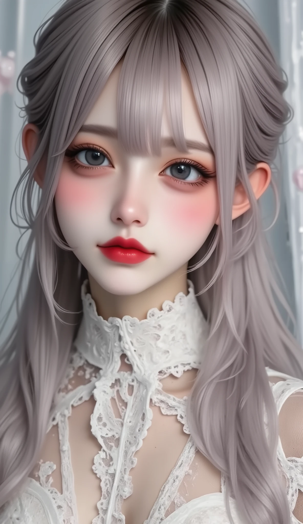 masterpiece, Highest image quality , 4K, Mecha, headband , thin legs, long hair, ash grey hair, cyberpunk, Achieve depth of field, blurry background,