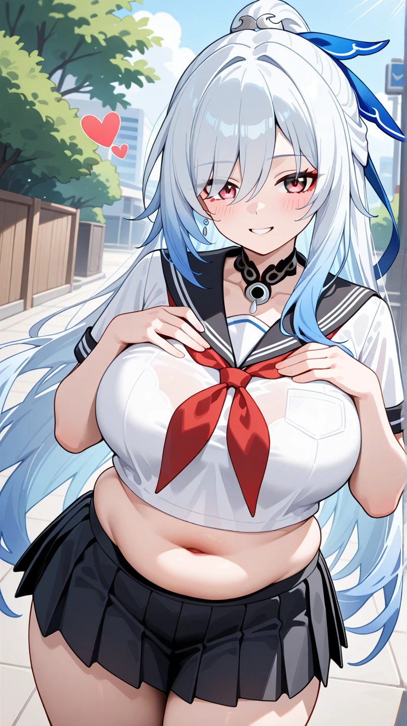 (high quality), no bra, thight stockings, mischievous smile, light blush, looking at viewer, large breasts, precise hands, sexy pose, aurelia le guin, long hair, crown braid, french braid, cheerleader uniform, black thong, thight stockings, detailed background, mature woman