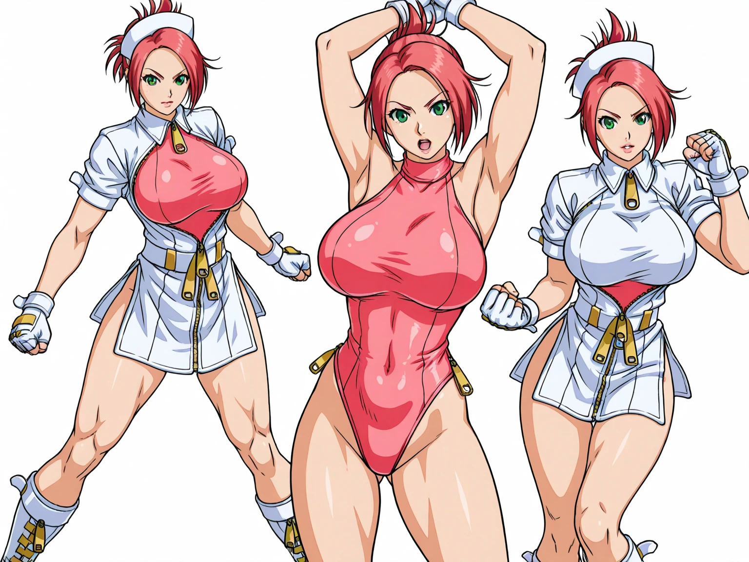Ninja femboy, long blonde hair, blue eyes, gigantic muscular body, white ninja outfit, big breasts, white ninja mask, 4 arms, full body.