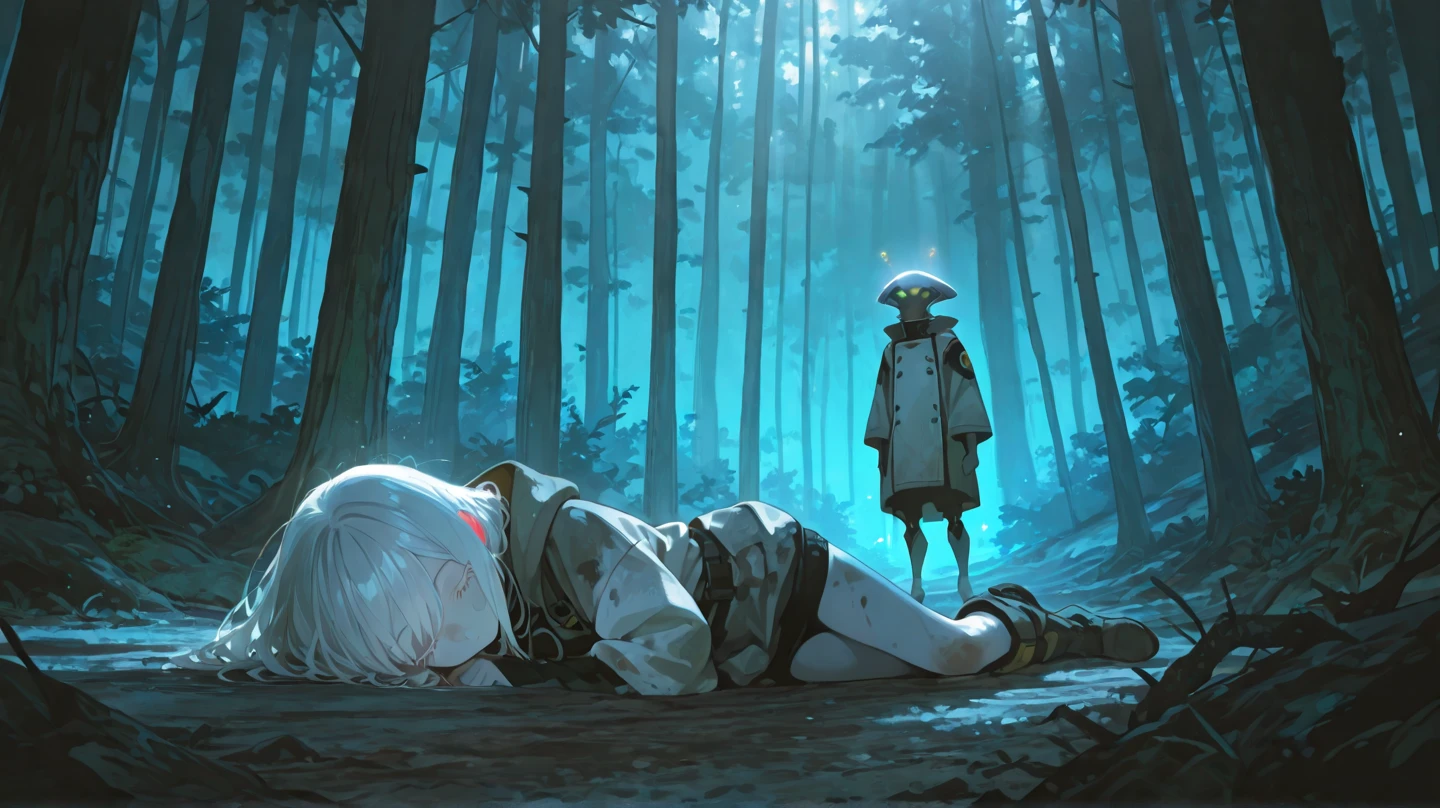 White hair-blue eyes boy, covered in blood , lying in the forest, while lands from another planet surround him to devour him