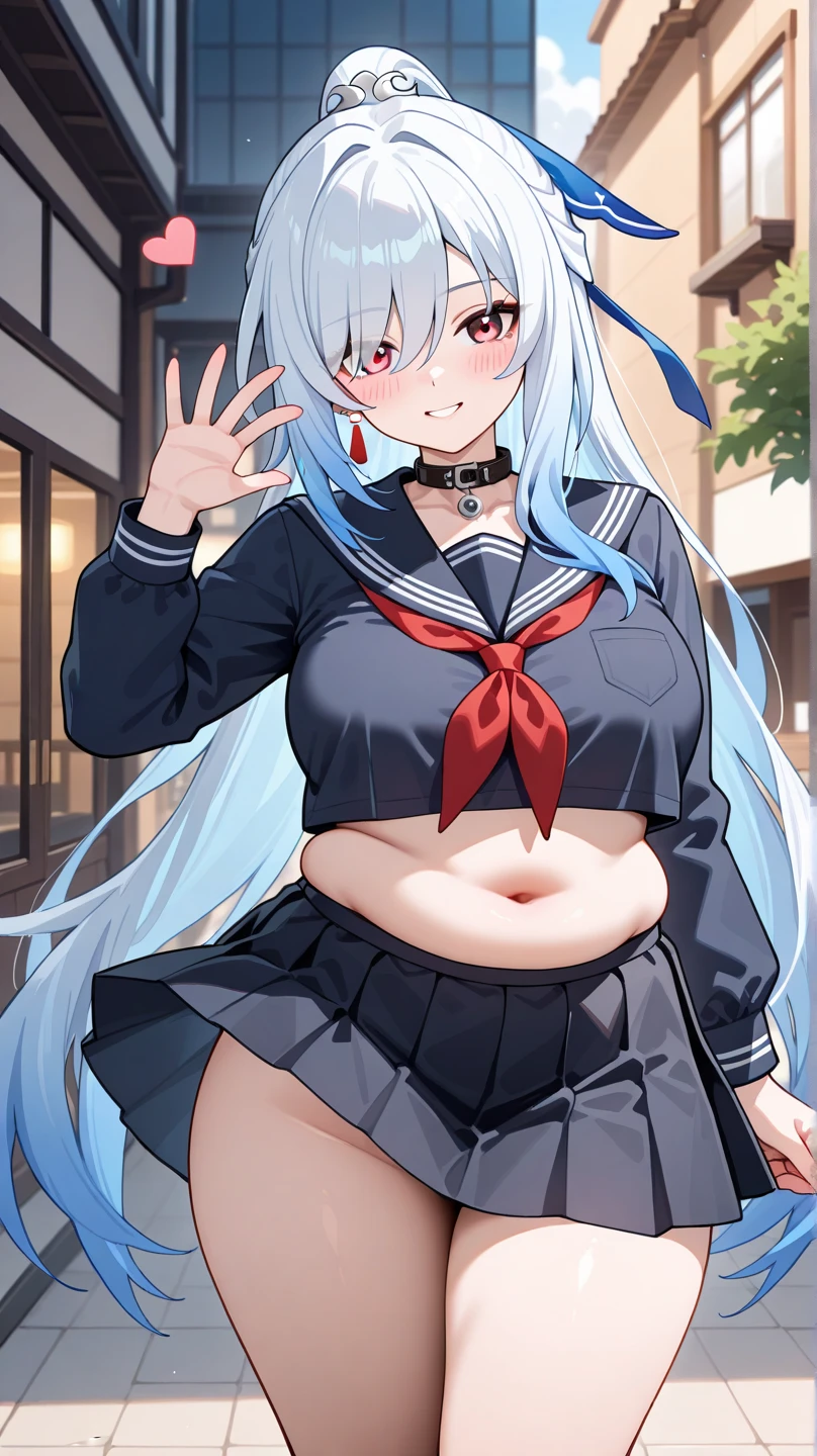Kaguya Tsukina、high resolution、Virtual YouTuber、A girl、, Red knee-length socks, Double tail, blue eyes, Hair accessories, sash, cleveage、sleeveless、hairpin、Gray hair、Black clothes、Red belt、Huge Breasts，Pregnant
