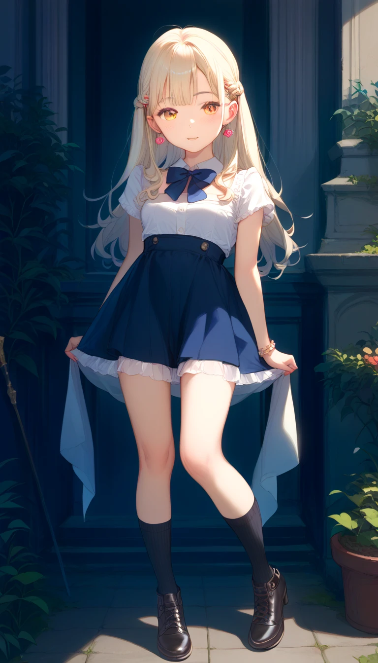 beautiful long blonde blue eyes small tit a miniskirt Standing embarrassed from Tears are overflowing from the eyes crotch open Blushing Clothes are wet and see-through