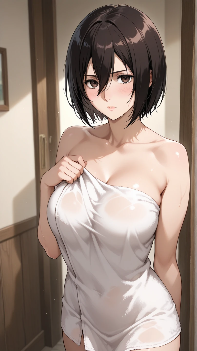 1 girl, milf, purple eyes,tomboy Pixie haircut, spiked hair, spiked hair, very Short hair, wolfcut hair lipstick, cowboy shot, smile, black hair, pubic hair, huge breast, white micro underwear, white tank top, belly, bedroom, armpits