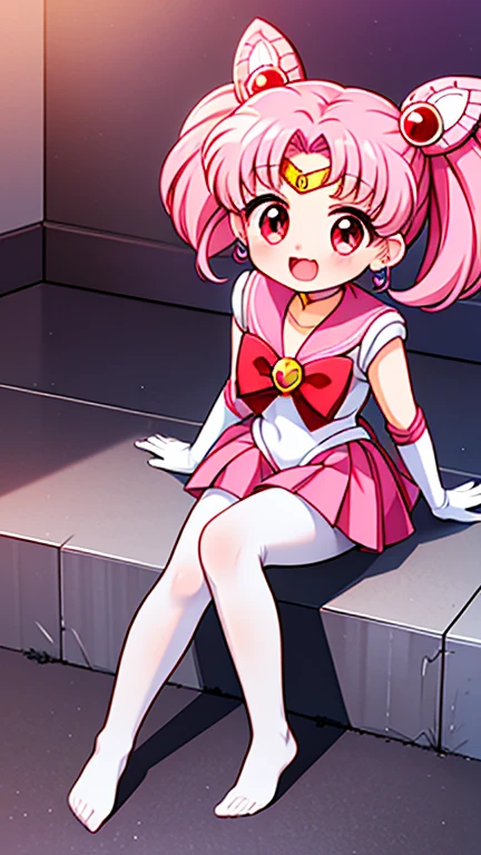 high quality，Sailor Moon，young年，Seven years old，cute，Metal hairpins，（little girl），（Little Loli），Pink Hair，short hair，（Red hairpin），（Double tail），Sailor Suit，Red bow，White elbow gloves，Red Skirt，(White pantyhose:1.5)，(young)，(Small)，（Short legs）（No shoes），Smile，Open your mouth，Fangs，sit，（Soles of the feet:2.0），（Raise your legs high），（Thick white tights:1.5）（Close-up of the soles of the feet:1.5）