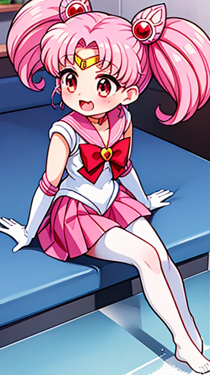 Sailor Moon,young年,Seven years old,cute,(Little Loli),Pink hair twintails,short hair,Sailor Suit,Red bow,White elbow gloves,Red Skirt,No shoes,Open your mouth,laughing out loud,Fangs,(White pantyhose),soles of feet,Soles,(young),(little man),sit