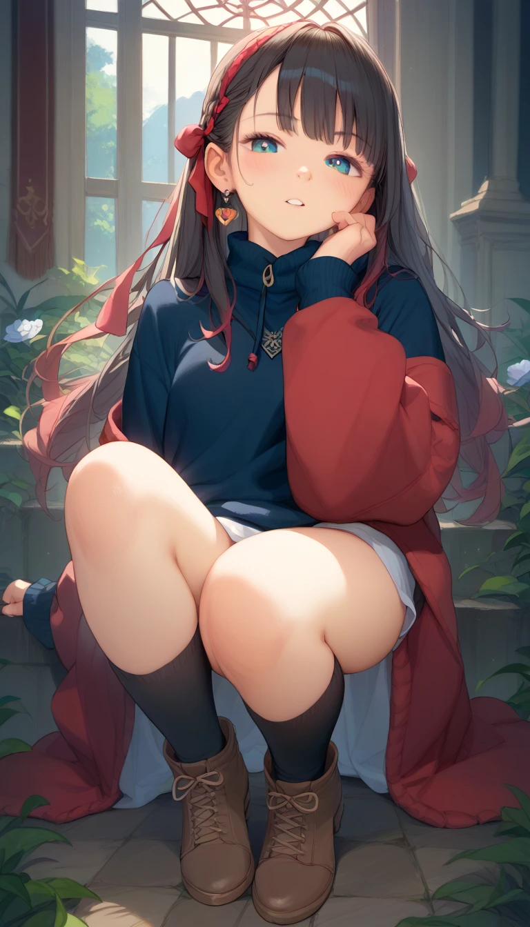 2d, masterpiece, best quality, anime, highly detailed face, highly detailed eyes, highly detailed background, perfect lighting, full body, cowboy shot, 1 girl, solo, ruby mobile legends, red dress, white thighhighs, low twintails, red bow, red hoodie, choker, big breasts, (((holding pee))), (desperate to pee), (((full bladder))),(holding the crotch) , one second before wetting, girl who didn't make it to toilet in time, ((worried))