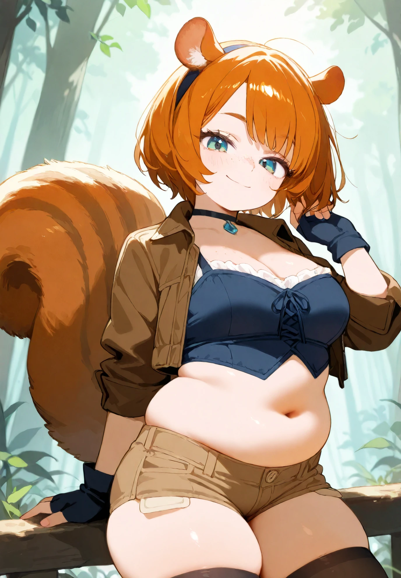 1girl, solo, squirrel girl, marvel, looking at viewer, outdoors, forest, cowboy-shot, smile, seductive look, chubby, plump, freckles, choker, hairband, black gloves, fingerless gloves, brown shorts, midriff, open jacket, brown jacket, cropped jacket, black thighhighs,BREAK, masterpiece,top quality,warm color,high resolution,high fashion,absurdres extremely,vivid colors,intricate details,best quality,amazing quality,very aesthetic,newest,ultra-detailed,nsfw,