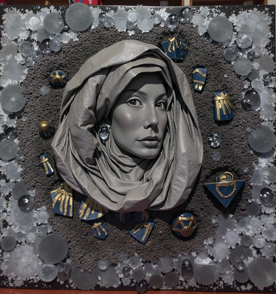 masterpiece,intricate detail,high resolution,best quality,absurd resolution,mastercrafted,exhibited at MOMA for its undeniable beauty,granite,ivory,obsidian,stained glass,translucent,masterpiece,brilliant color story, illusionism, futuristic geometric abstractionism, in the style of hyperrealism, organic, prophecy of a woman in a hijab