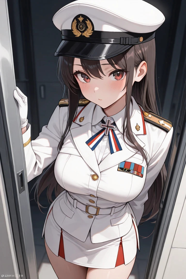 masterpiece, best quality, highres, aanitta, (very long hair), (black peaked cap), earrings, big breasts, cleavage, muscular body, military uniform, epaulettes, badges, (black shirt:1.2), (gold trim), (bulletproof vest), (red ascot), black sleeves, long sleeves, (black cargo pants), utility belt, (belt pouches), cargo pants, (white gloves), cowboy shot, standing, (serious facial expression), closed mouth, facing the viewer, looking at the viewer, (subway train car), passengers, overcrowded