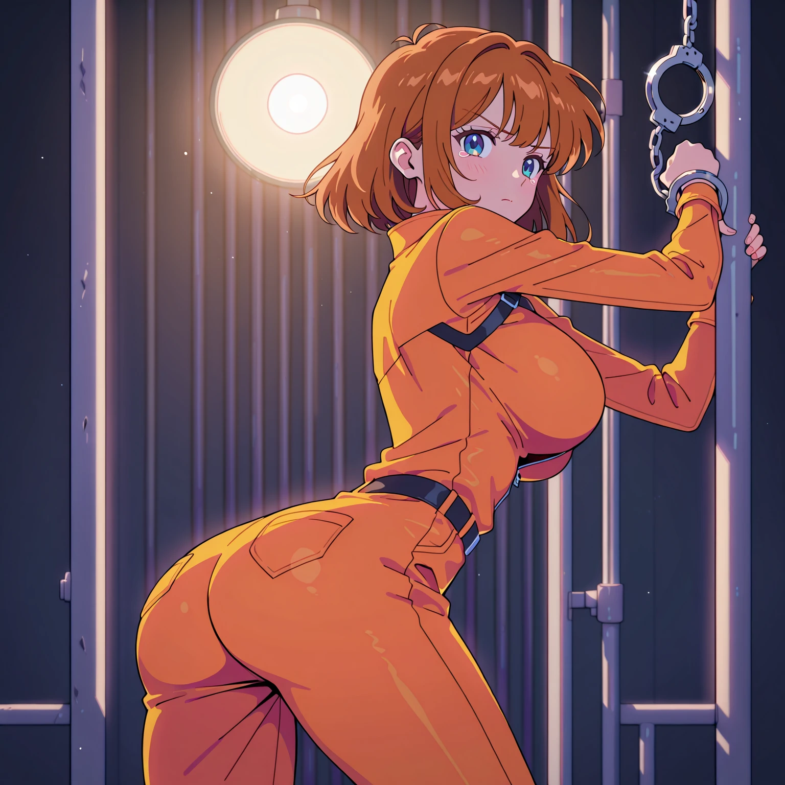 score_9, score_8_superior, score_7_superior, evaluation_Safety, alone, 1 girl, DQ3 Priest, enchanting smile, looking at the viewer, 腕を高くsuperiorげてください, Orange bodysuit, big breasts, back view,back,butt.short hair,spike hair,boyish hair,black hair,prison,blue eyes,blush,videl