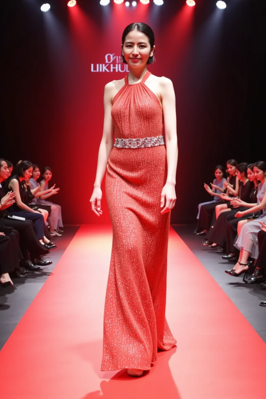 dressart,red dress , floating hair , (floating dress:1.4), (photo art), 1girl, Stunningly Beautiful Girl, Haute_Couture, designer dress, wearing Haute_Couture, posing for a picture, fashion show, Long shaped face, angry, crazy, dark red eyes, red hair, long ringlets, catwalk \(walkway\), colorful, vivid colors, masterpiece, best quality, absurdres, highest quality, amazing details, 8k, aesthetic,   