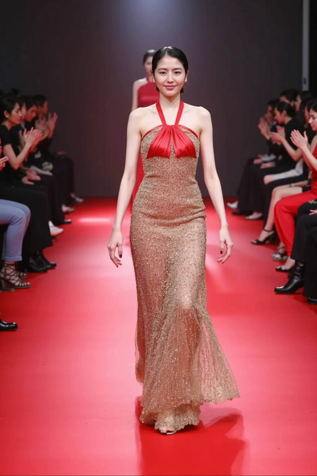 1girl, Stunningly Beautiful Girl, Haute_Couture, designer dress, wearing Haute_Couture, posing for a picture, fashion show, Long shaped face, angry, crazy, dark red eyes, Sandy Blonde side-swept hair, short hair, long ringlets, catwalk \(walkway\),  , colorful, vivid colors, masterpiece, best quality, absurdres, highest quality, amazing details, 8k, aesthetic,  <lora:girl_SDLife_Chiasedamme_v1.6:0.6>