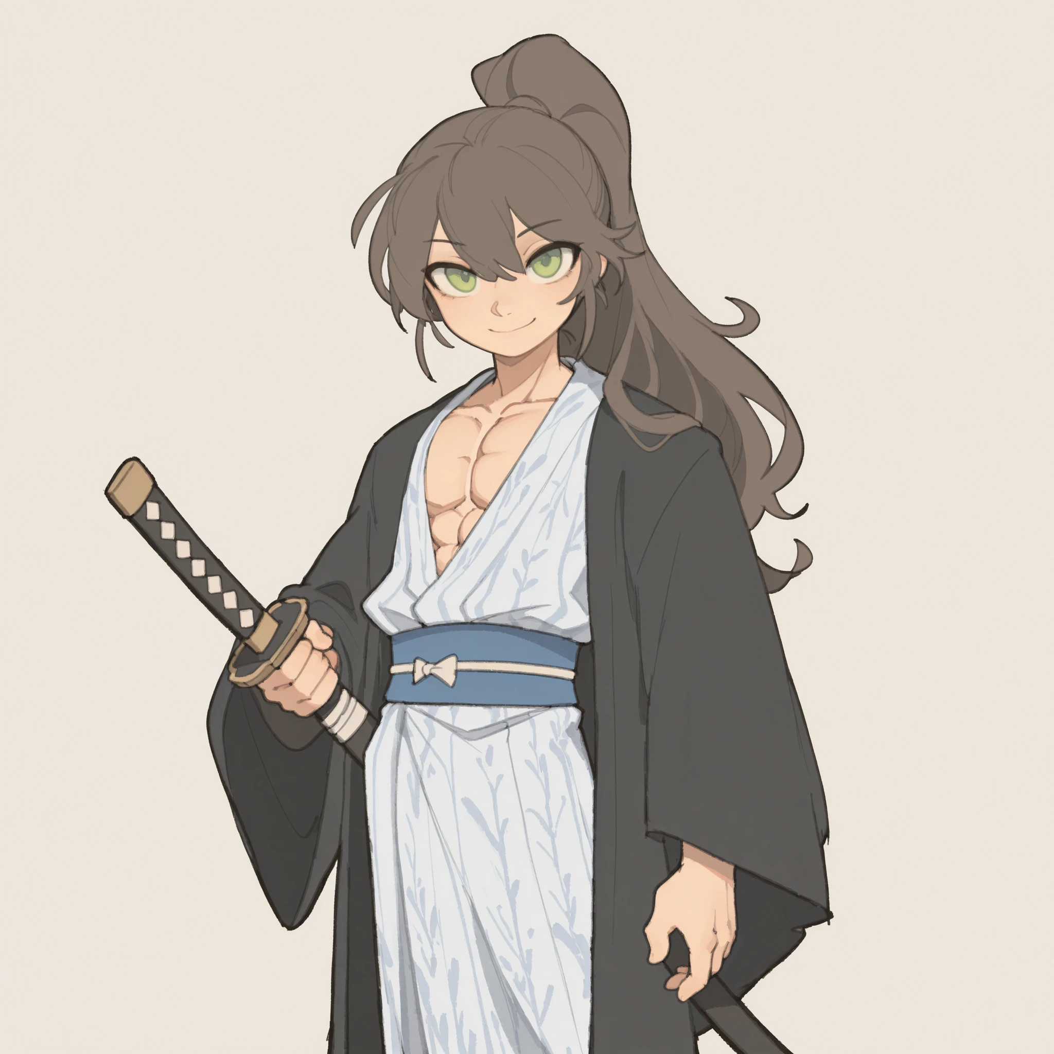 masterpiece, ultra-HD, impressionism, high detail, best quality, very aesthetic, 8k, best quality, beautiful, tmchng, 1man, very long brown hair, high ponytail, green eyes, muscular, toned, slim body, white yukata, blue obi, black haori, kind smile, holding a katana, standing, looking at viewer, simple background, front view
