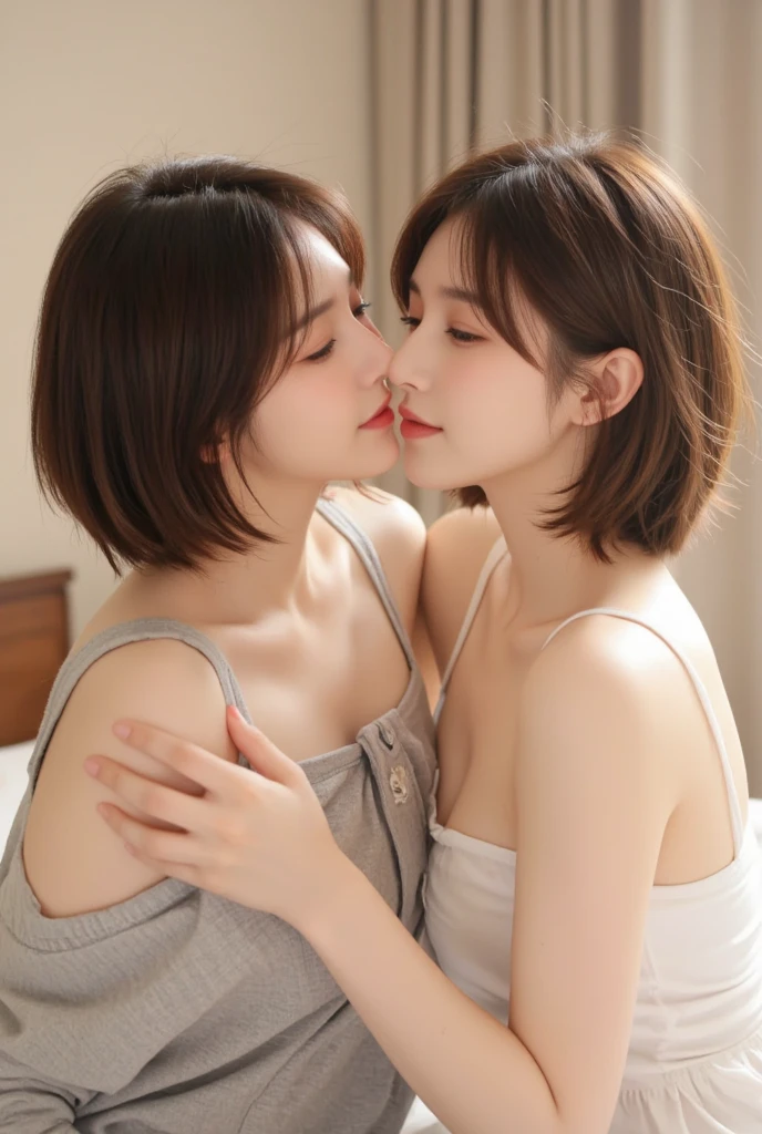 highest quality、8k、Best image quality、Professional Lighting、Natural light、Ultra-high resolution、Clear photos、Beautiful and delicate skin、No makeup、thin、3people々々The cutest girl、Bian、same-sex love、Fiery idol pose、White skin、Big and ample breasts、Short Bob Hair、brown hair、exquisite appearance、wear white bra、me wearing white panties、thin underwear、Loving Woman3people々々、Young woman lying in bed3people々々、women hugging each other3people々々、Deep Kissing Woman3people々々:1.8、attach lips:1.6、Detailed Background、3people々々idol group member:1.6