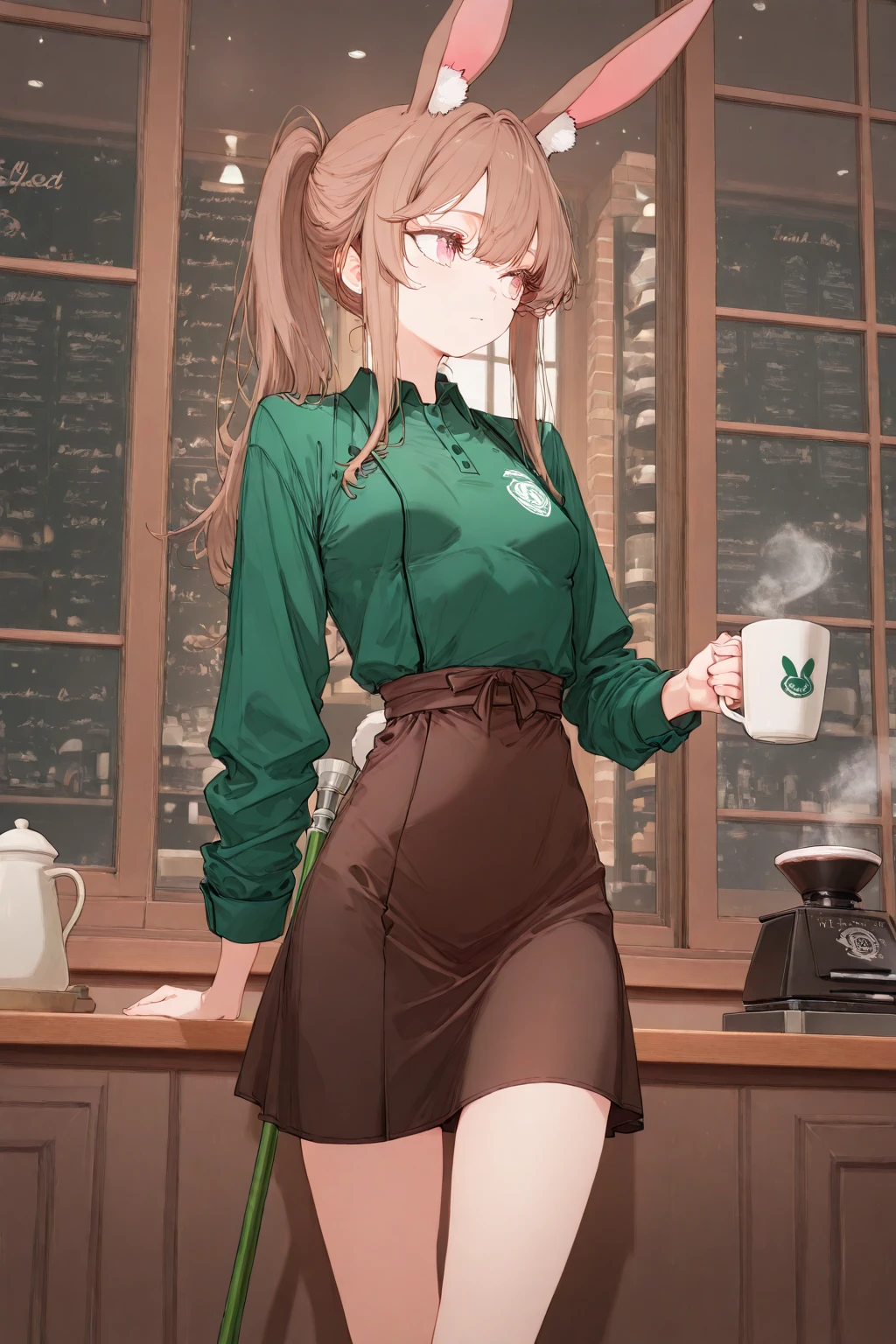 1girl, forehead, breasts, skirt, brown skirt, bar, green jacket, brown hair, medium hair, cup, 