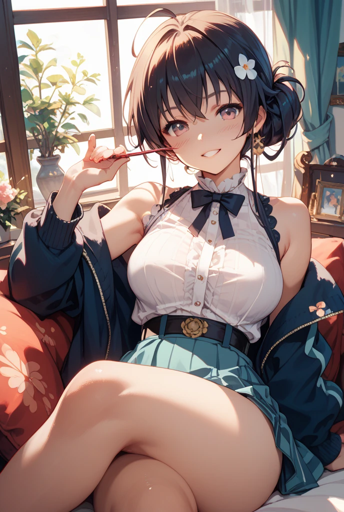 (from above:1.0),(from side:0.9),masterpiece, 1girl, Amazing Cleavage:1.1, thin waist, big ass, Raised sexy, small breast: 1.3, posed cleavage:1.2、solo, looking at viewer, open mouth, have a cute grass of cute beergrass,black hair, dark green eyes, dress, bare shoulders, jewelry, collarbone, sidelocks, hairband, earrings, indoors, off shoulder, :o, sweater, arms behind back, plant, short hair with long locks, gild hairband, off-shoulder dress, sweater dress, off-shoulder sweater, red sweater, dark gord hair, big side hair, very long side hair,is rendered in (masterpiece: 1.2, best quality), with (ultra high resolution) and an exquisite (depth of field). This masterpiece is not only visually stunning but also tells,A scene of cooking in the kitchen by classroom 