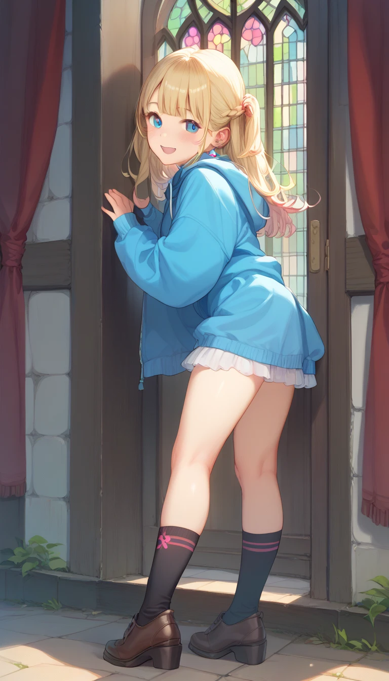 young Girl, (pastel colored leopard panties), miniskirt , presented panties, showing panties, teasing panties, bottom-back view, climbing stairs, blonde twin-tails, looking back, panty shot, low angle, up one legs, cameltoe, crotch seam, up skirt, lift up skirt yourself, [[small breasts:0.8]], back shot, look back, happy light smile, sweaty, sweaty body, sweaty skin, oily wet skin, framed body lines, ((closeup buttocks, back shot, look back)), Wrinkles in clothes, full body, Wearing sweat, ((Body lines stand out)), japanese girl, japanese kids, (petit, being stumpy, short legs, short arms)