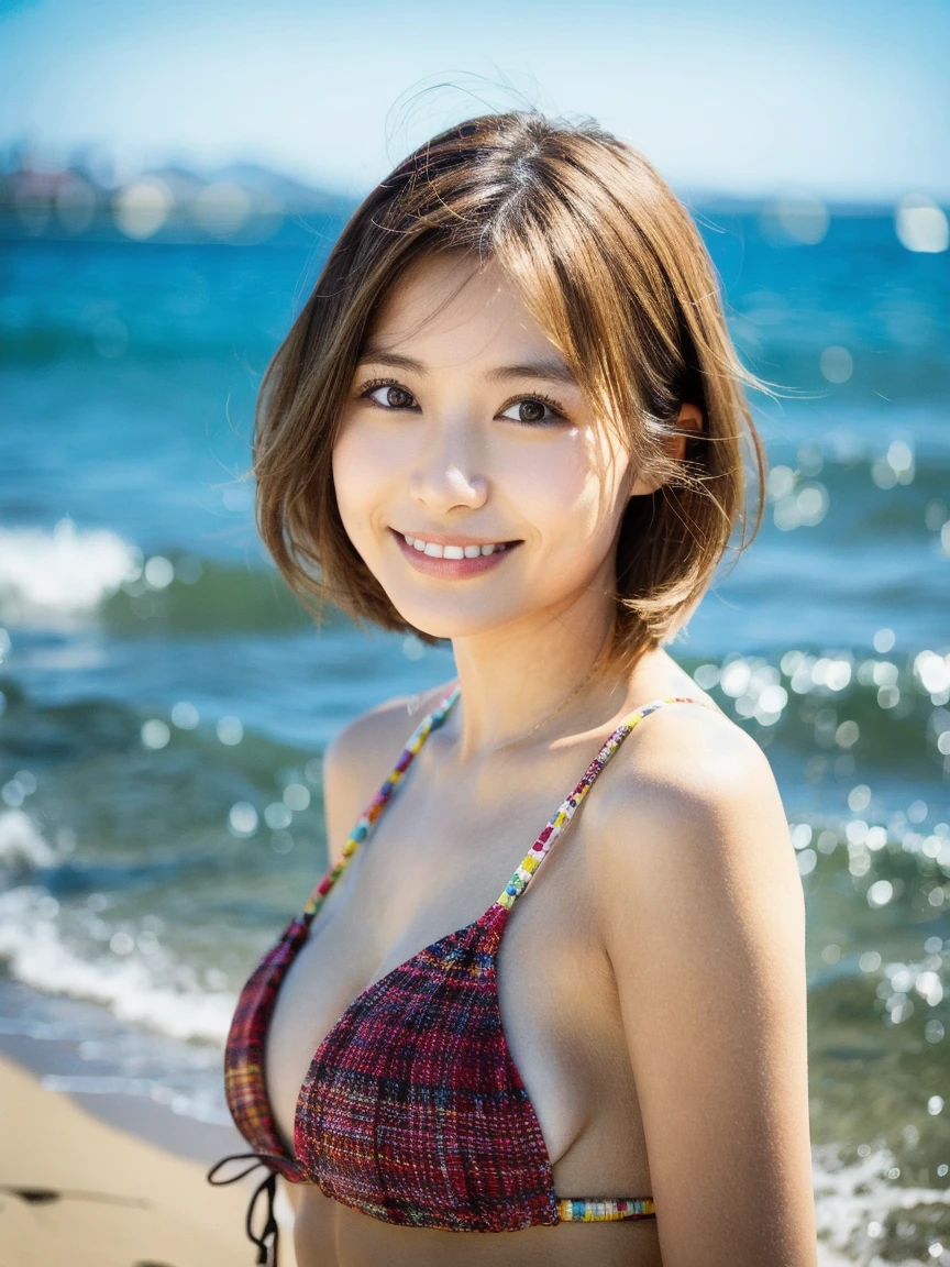 (16 years old, young, cute:1.2), (Japanese Teen 1 Girl Idol:1.2), Ultra-realistic capture, Highly detailed, High resolution 16k close-up of human skin. Skin texture must be natural, With such detail that pores can be finely identified. Skin should look healthy, In a uniform tone. Use natural light and color, (Very fine clothing), (The best move, Nice hands, Perfect hands), (masterpiece:0.8), Highest quality, Super detailed, The absolute solution, (Perfect Anatomy, Correct limbs:1.2), break, Camisole dress, (Large Breasts:1.2), (Droopy eyes:0.5), Earrings、Glowing Eyes, Faint lips, (compensate:0.8), (short hair, High tone color), (White skin), (Your face is shining:0.9), slim, (smile), (heart hands), (Daytime:1.2), (Natural light:1.2), (Professional Lighting:1.2), ((whole body:1.4)), (close:1.1), (the wind is strong:1.3), (Floating Hair:1.3), (Open Terrace, Resort hotels), (Beachside:1.2),smile、(heart hands)