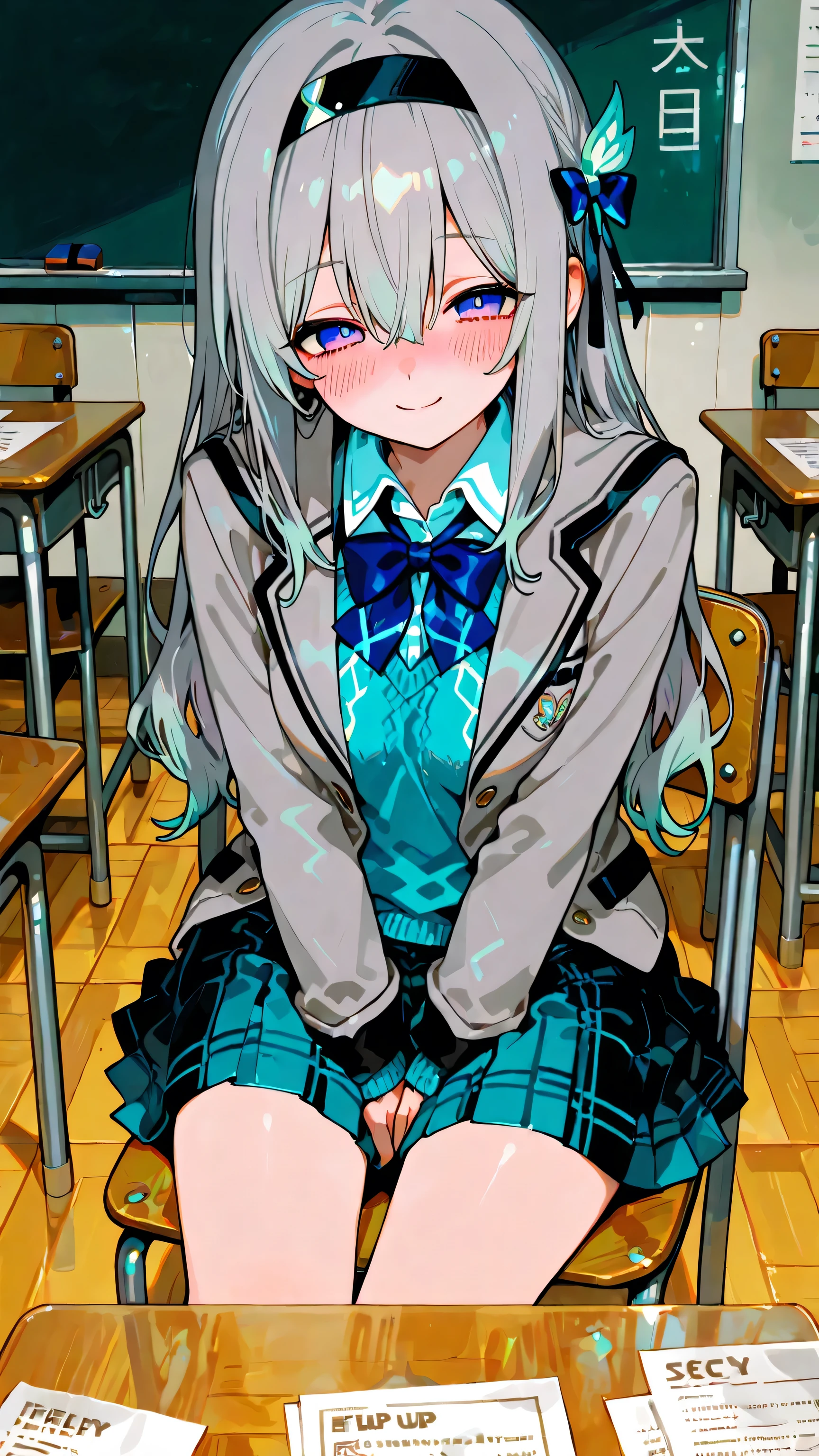 score_9, score_8_up, score_7_up, masterpiece, best quality, amazing quality,, firefly hsr,long hair,grey hair,purple eyes,black hairband, skirt, shirt, bow, school uniform, jacket, grey jacket, pleated skirt, bowtie, sweater, blue bow, blue shirt,, classroom, sitting on chair, paper on table, chair, blushing, blush, smile, looking at viewers