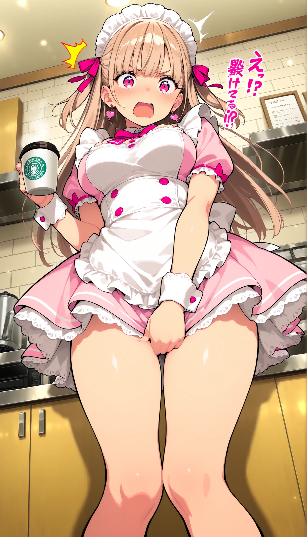 1girl, thick and curvy, cute, brown skin, long curly brown hair with bangs, brown eyes, cute pink aesthetic
